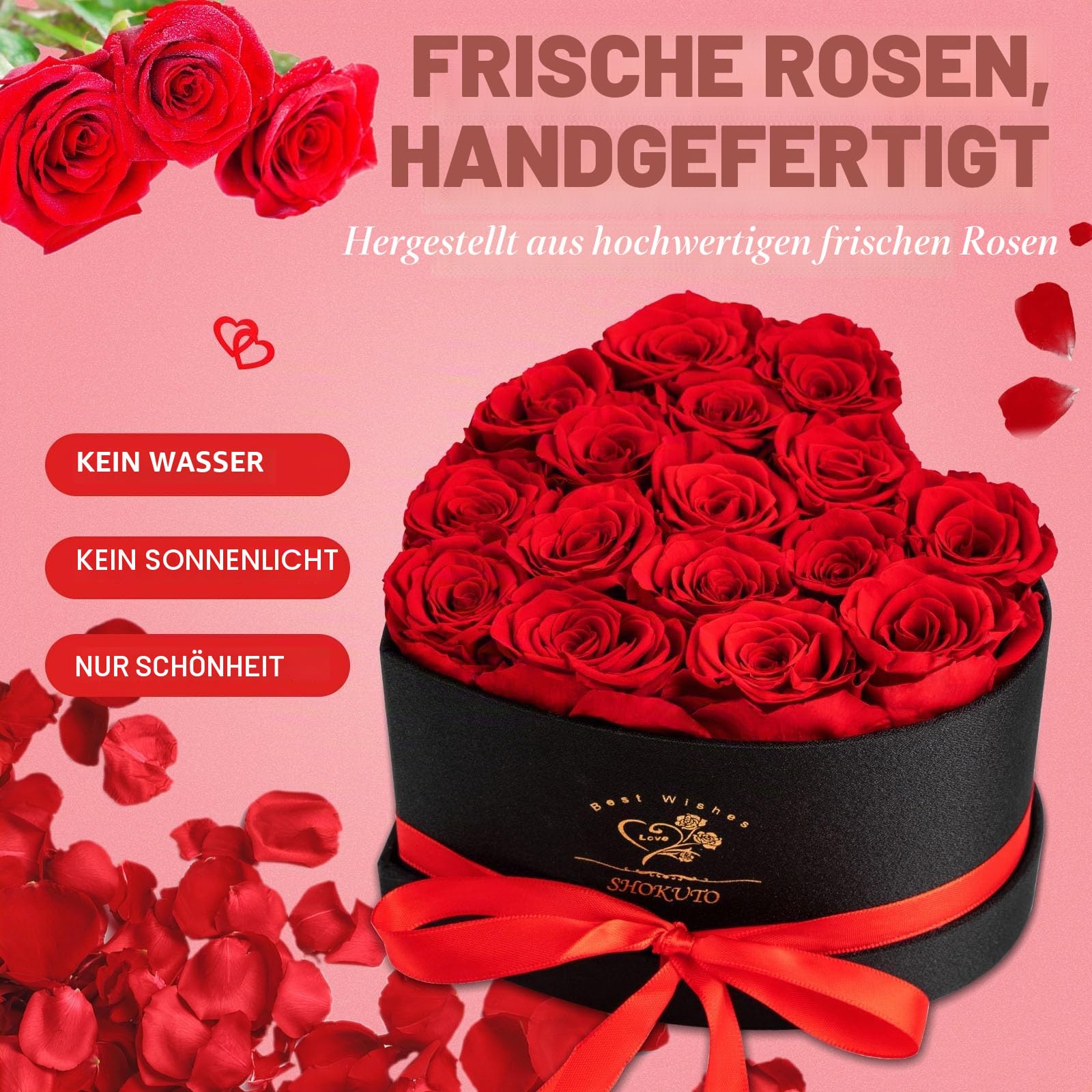 16 Stück Ewige Rosen in Herzbox Rosen - Ewige Blumen-Geschenkbox Geschenke für Frauen zum Valentinstag, Muttertag, Weihnachten, Geburtstag, Hochzeitstag (Rot)