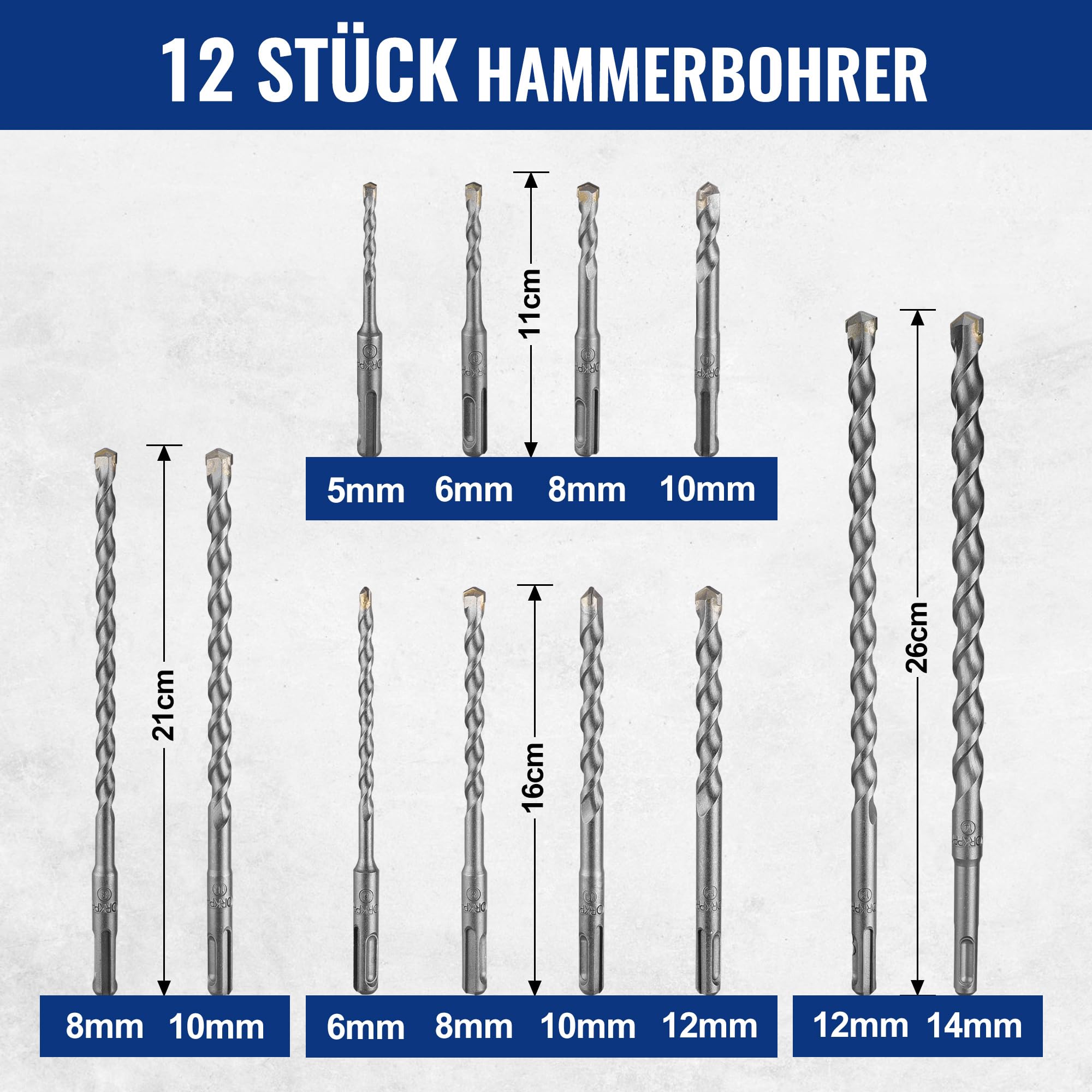 WORKPRO 17-teilig SDS-Plus Bohrer- und Meißel-Set, Zubehör für Bohrhammer, Hammerbohrer Steinbohrer Betonbohrer mit Aufbewahrungskoffer, Für Beton, Fliesen, Ziegel, Zement, Stein und Mauerwerk