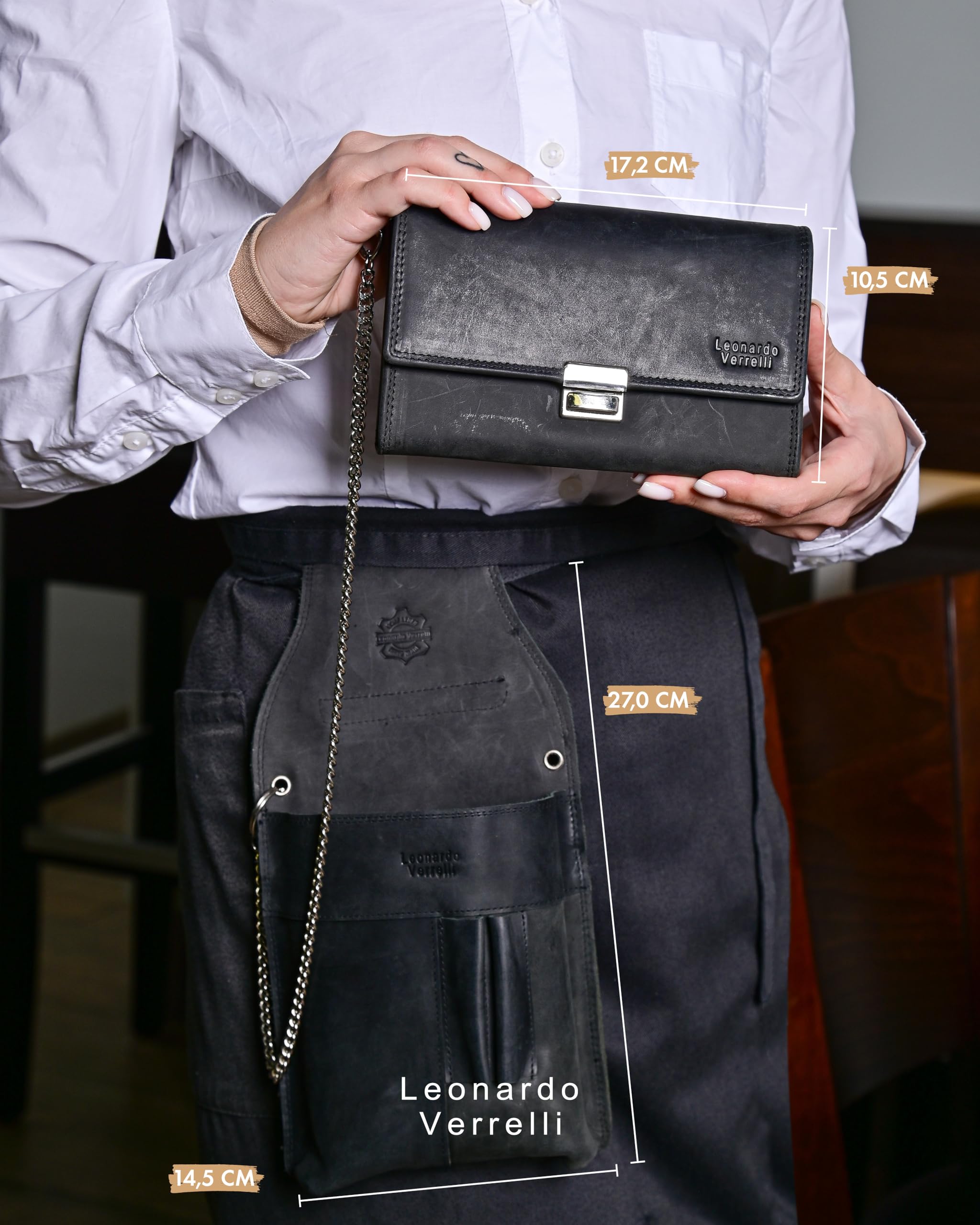 Kellner Geldbörse aus Leder, Kellnerbörse, Geldbeutel, Damen Herren Portemonnaie mit oder ohne Holster, Steck-Tasche, mit Kette und großem Münzfach (Echtleder Hunterstil - Schwarz)