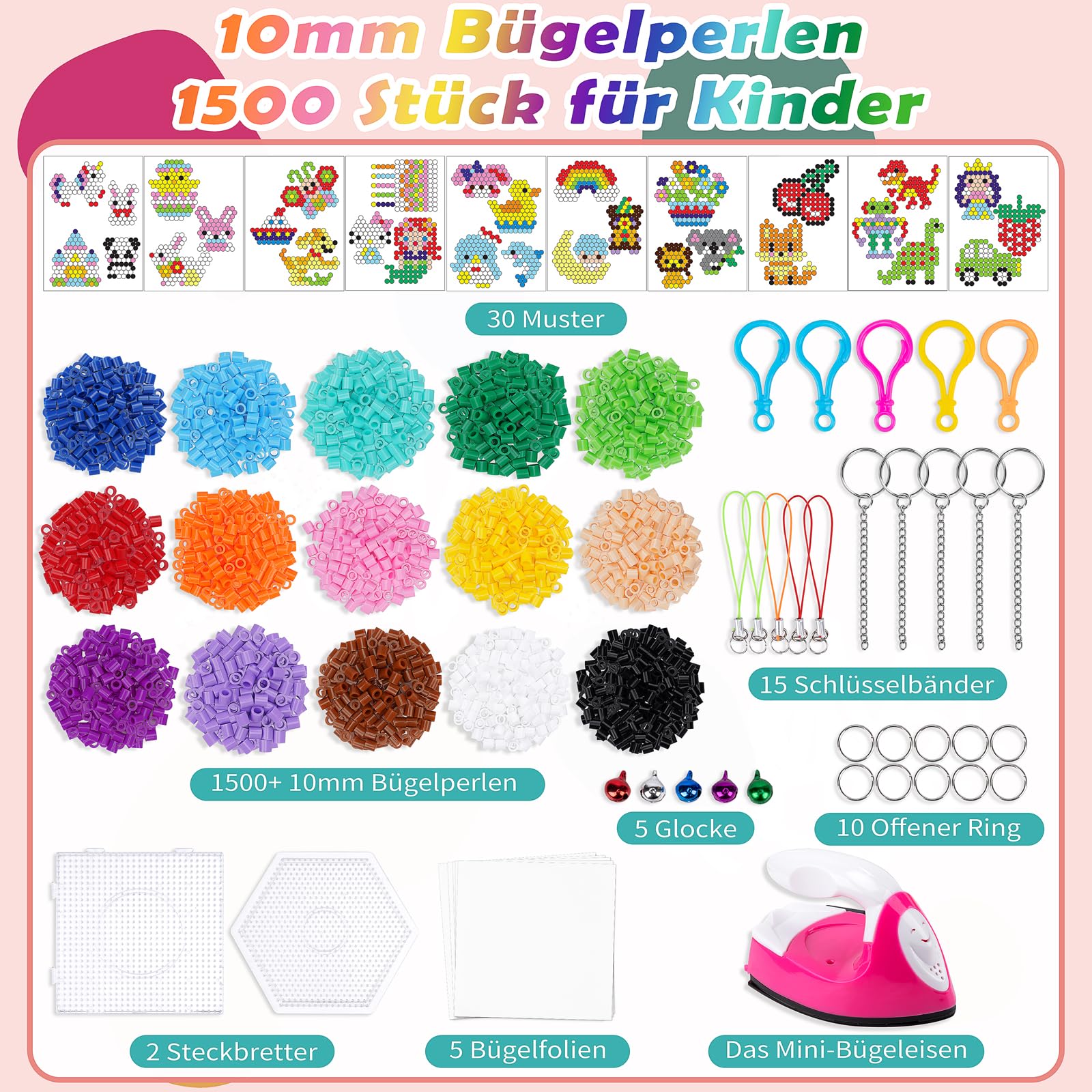 JelyArt Kit Perles à Repasser Enfant – 1500+ Perles XXL 10mm avec Fer à Repasser pour Perles & Modèles – Loisir Créatif Hama Beads Style pour Filles et Garçons dès 3 Ans