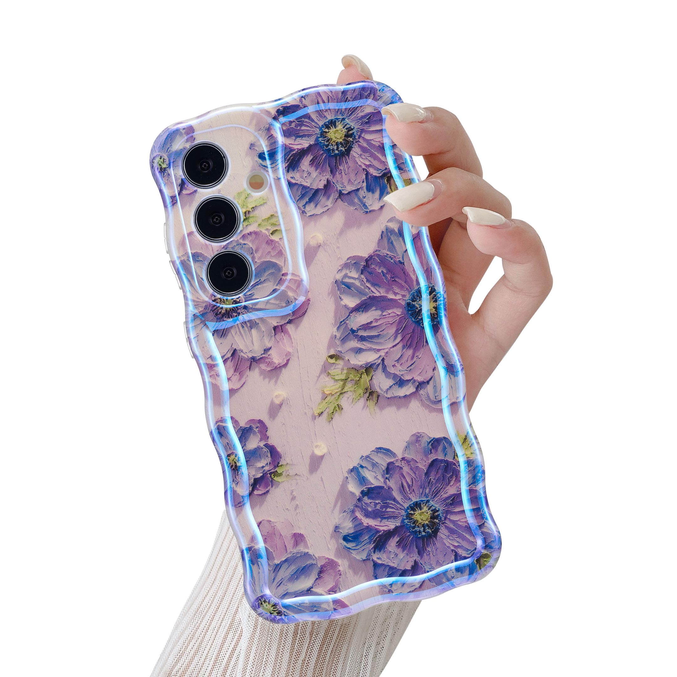 QLTYPRI Galaxy S24 ケース ギャラクシーS24 ケース SC-51E SCG26 TPU カバー ウェーブ おしゃれ 韓国 可愛い 花柄 薄型 軽量 耐衝撃 スマホケース ワイヤレス充電対応 ストラップホール付き- パープル
