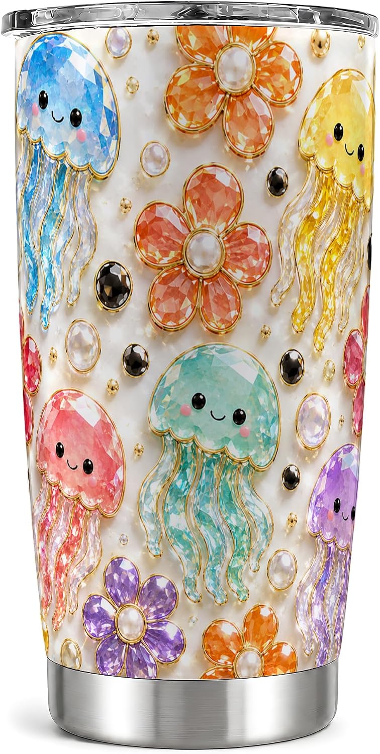 Gem Jellyfish Tumbler 20oz, Cute Ocean Tumbler, Beach Coffee Time, Jeweled Sea Life Flowers Pearl Detail, Stainless Steel Insulated Travel Cup with Lid for Cold Drinks Daily Use