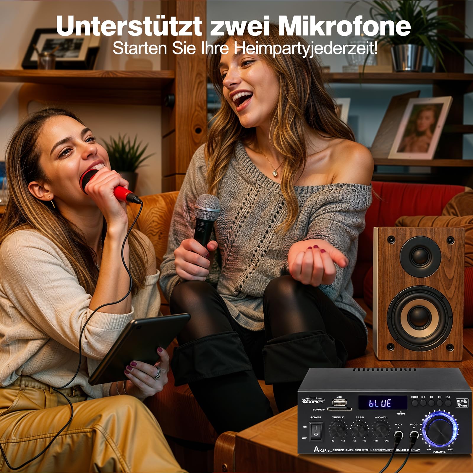WOOPKER Wzmacniacz HiFi AK45 Pro Mini, Bluetooth 5.0, wzmacniacz stereo, 2-kanałowy wzmacniacz audio AV, odbiornik tonów wysokich i niskich z USB/RCA/MIC/Radio FM