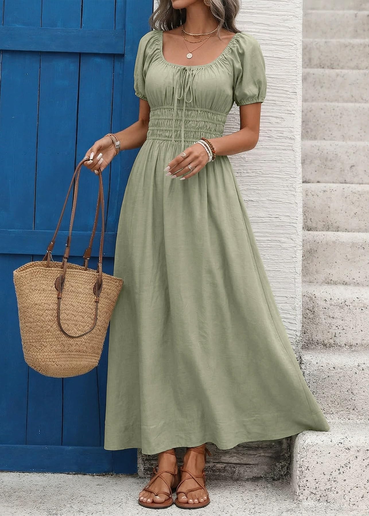 Vestito Maxi Donna, Scollo Quadrato, Maniche Sbuffo, Verde Salvia Estate