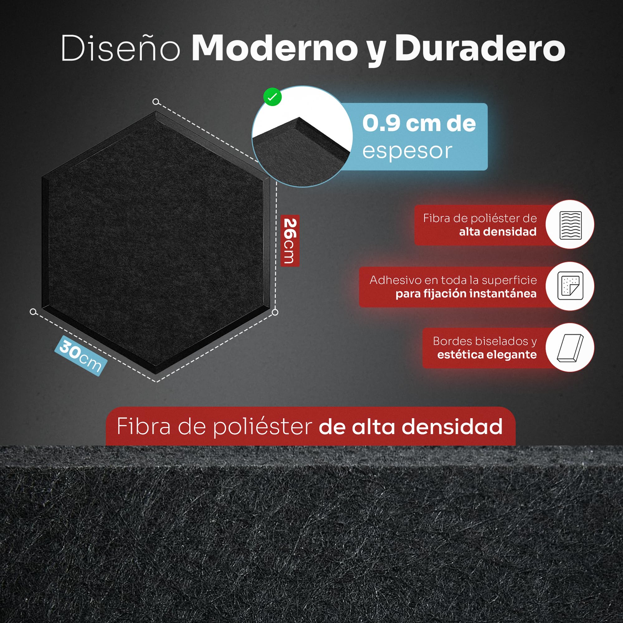 12 Paneles Acústicos Autoadhesivos de Alta Densidad para Pared y Techo, Diseño Decorativo para Reducir Eco en Habitación, para Podcasts, Gaming, Estudio y Oficina (Negro, 30x26cm)
