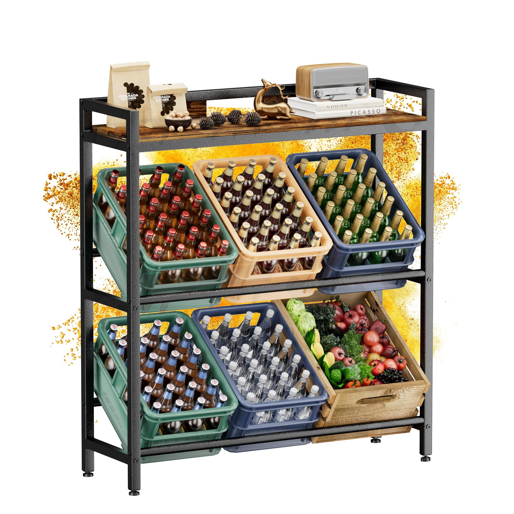 Getränkekistenregal 6 Kisten mit Ablage,33D x 104W x 115H cm Getränkeregal,Stabiler Metall Regal Getränkekisten,Freistehend Bierkisten Regal für Küche Keller Garage,Kistenregal Rustikales Braun