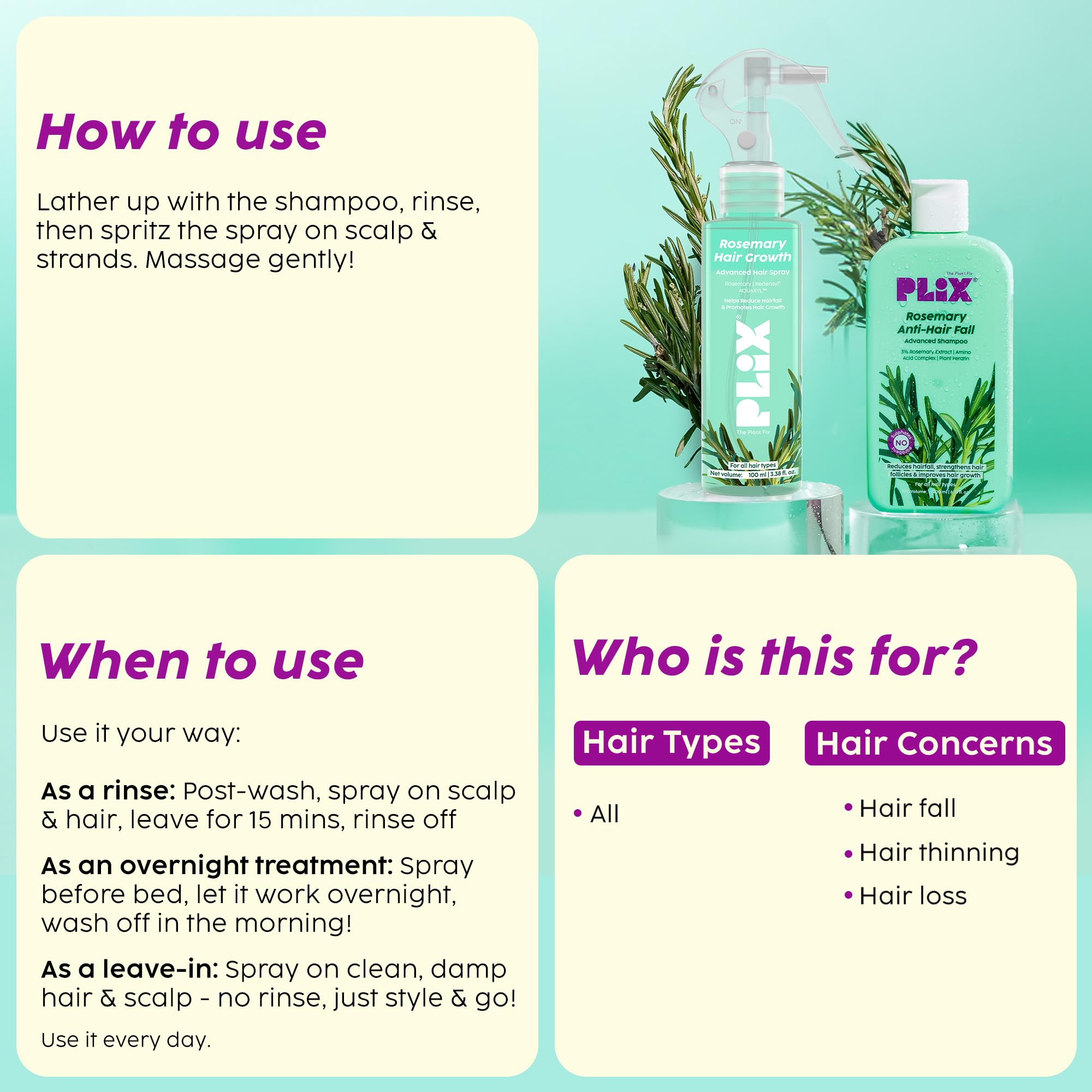 PLIX - THE PLANT FIX Rosemary Anti Hairfall Duo for Hair Growth | Shampoo (200ml) + Rosemary Spray (100ml) - Image 6 thumbnail