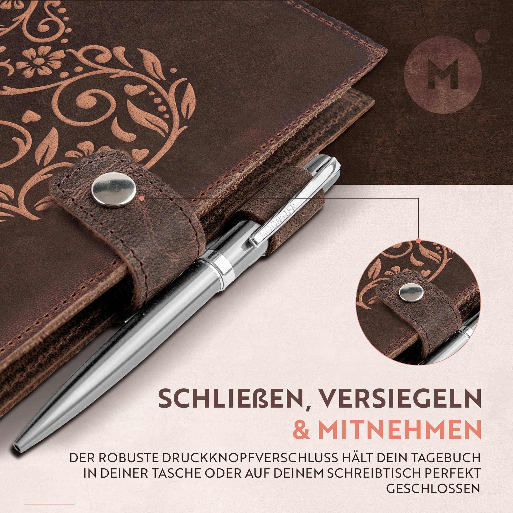 moonster Auffüllbares Liniertes Notizbuch Leder - Heft mit Stift - Tagebuch für Erwachsene mit Herz – Handgemachtes Notizbuch Klein aus Echtleder mit Stifthalter, hochwertigem A5-Papier & Luxus-Stift