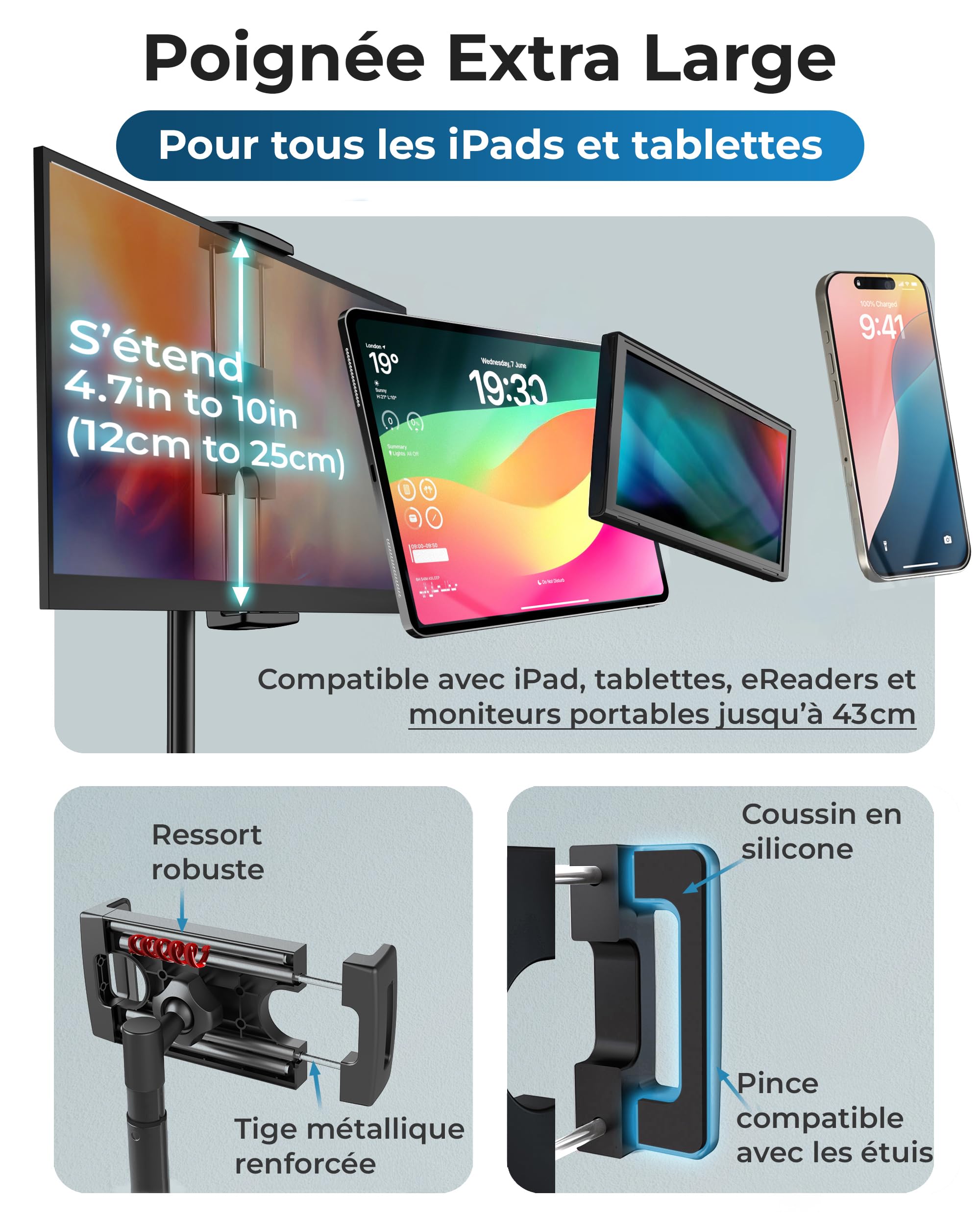 COOPER TabStand Support iPad Bureau 51 cm, Support Écran Portable jusqu'à 17" Charge 2 kg, Support Tablette Bureau, Fixation Tablette, Compatible iPad Apple, Samsung, Kindle, Fire (Noir)