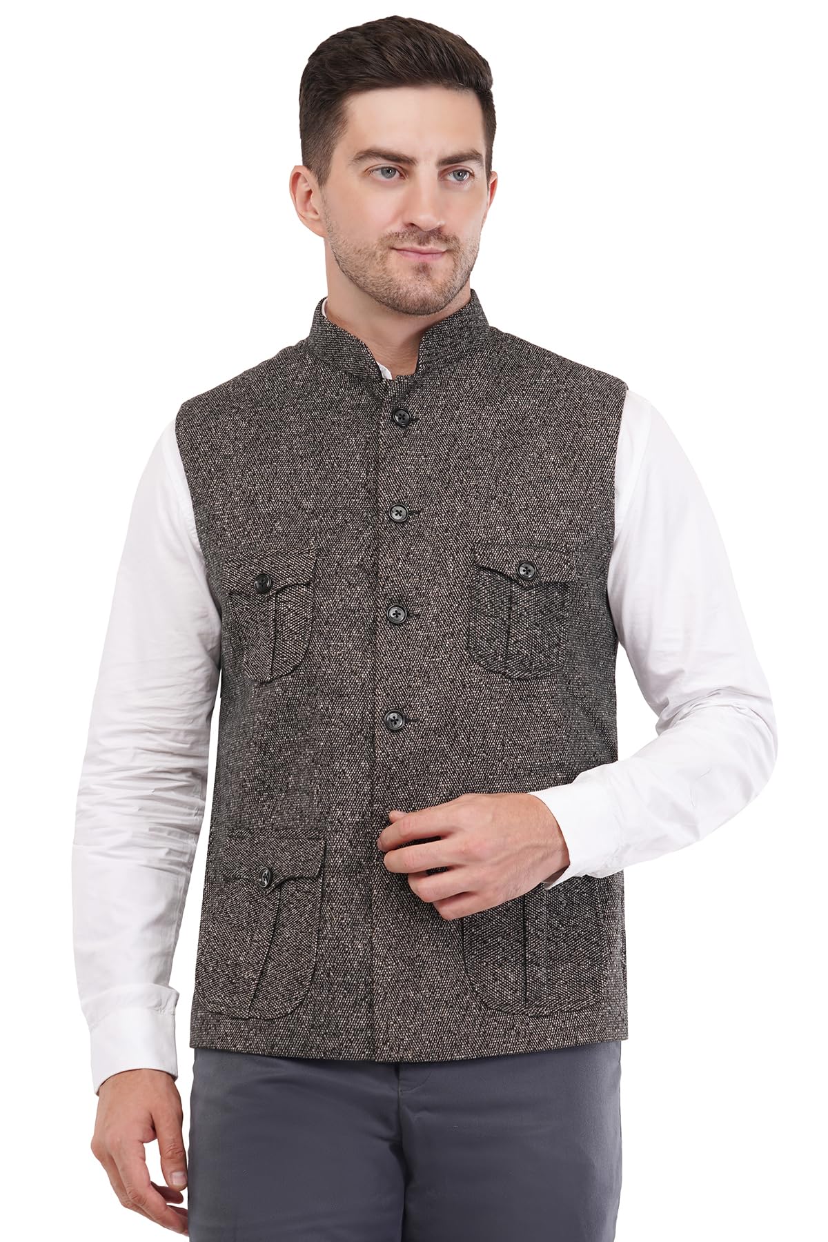 Men's Tweed Wool Multipocket Modi Nehru Jacket Waistcoat