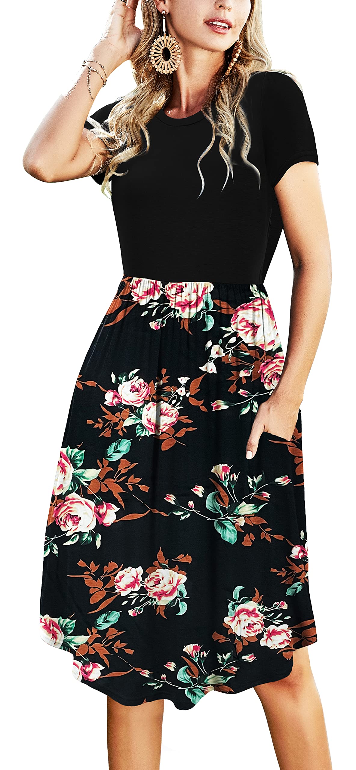 Simier Fariry Womens Summer Casual Swing Midi Dress with Pockets