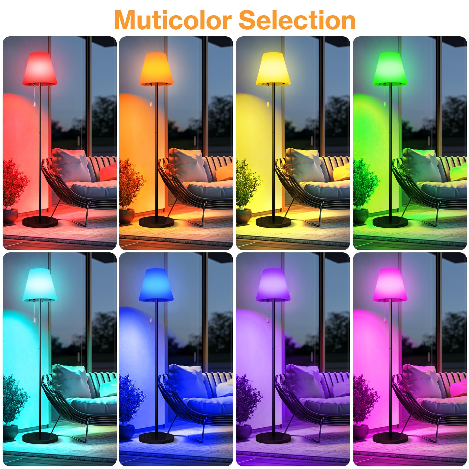 Solar Stehlampe Outdoor mit Lichtsensor, IP65 Wasserdicht, USB Aufladbar, Helligkeit Dimmbar Warmweiß und RGB, Kabellose Stehlampe Außen für Terrassen, Garten usw.