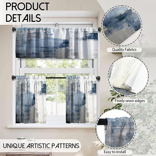 Miniatura 2 de MCALK Juego de 3 cortinas opacas azules para cocina, cortinas de cocina blancas y grises, cenefas de arte abstracto moderno para sala de estar