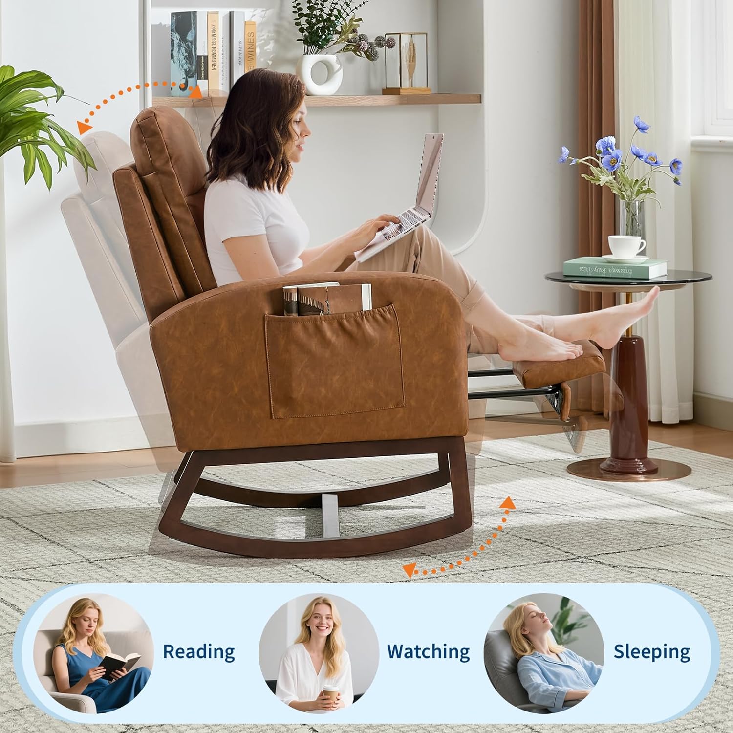 Rocking Chair Nursery with Foot Rest, Modern PU Upholstered Reading Glider Rocker Accent Armchair with High Backrest, Padded Seat, Side Pocket, for LivingRoom, Bedroom, Baby Room, Brown Retro Brown image 2 of 7 B0FM83JPWX