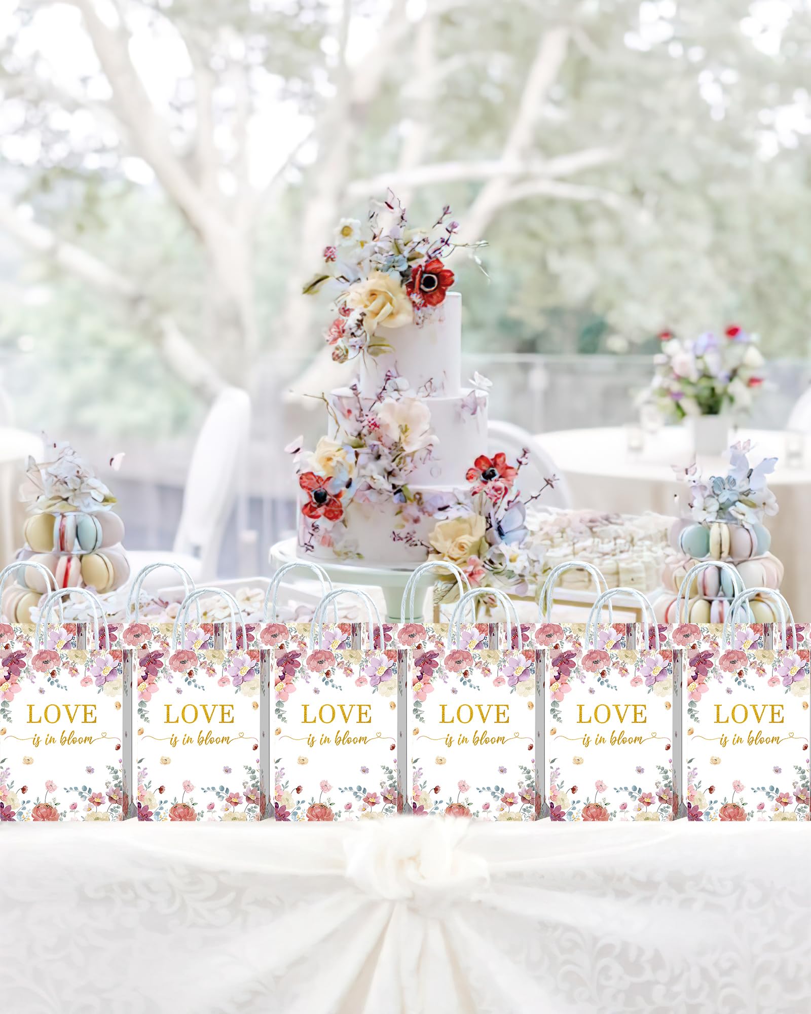 Tyndallrays 16 Pieces Love is in Bloom Floral Bridal Shower Gift Bags with Handles for Bridal Shower, Bachelorette, Wedding, Engagement Parties