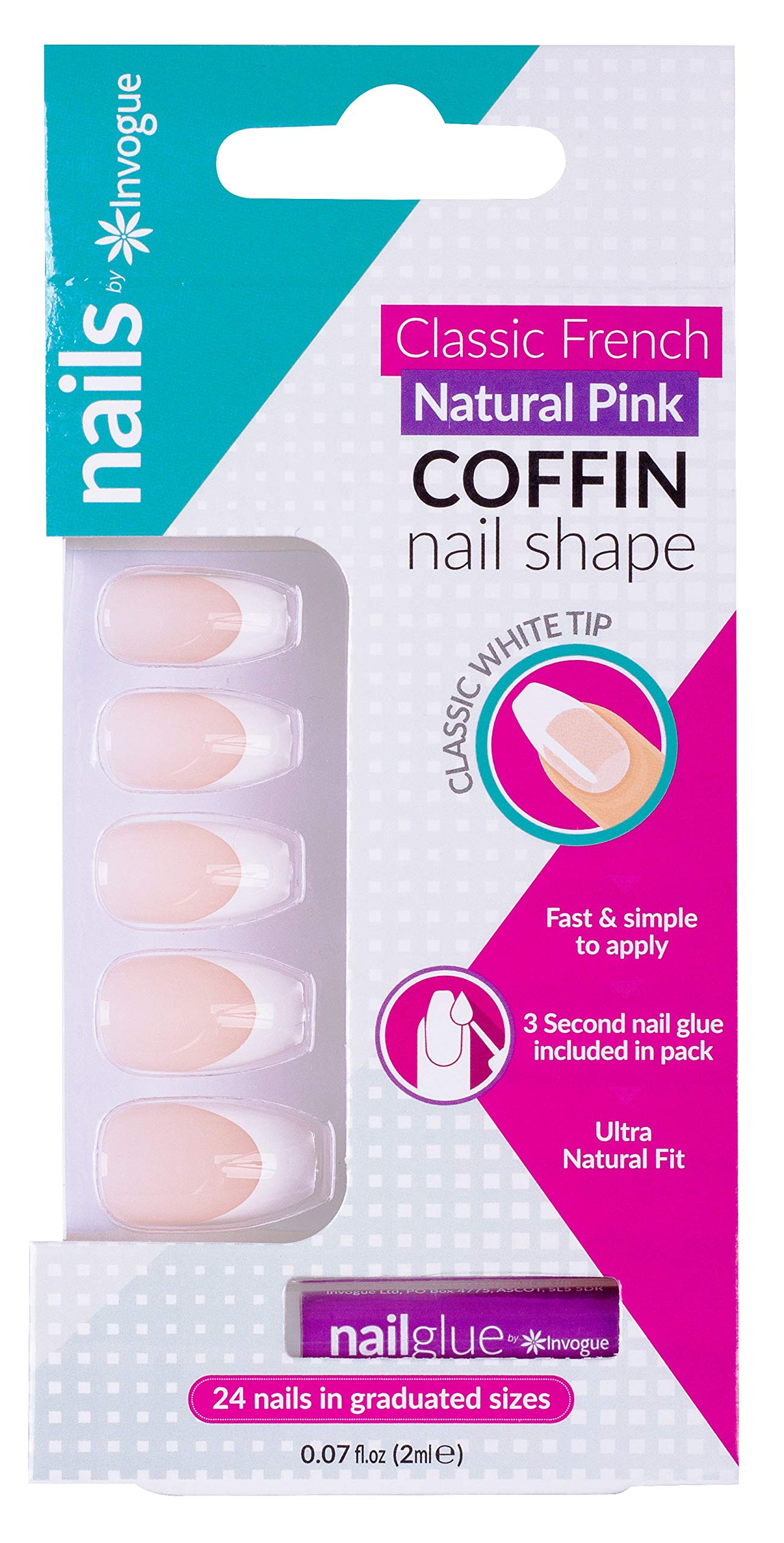 InvogueCoffin Natural Pink False Nails With Glue 24 Pack