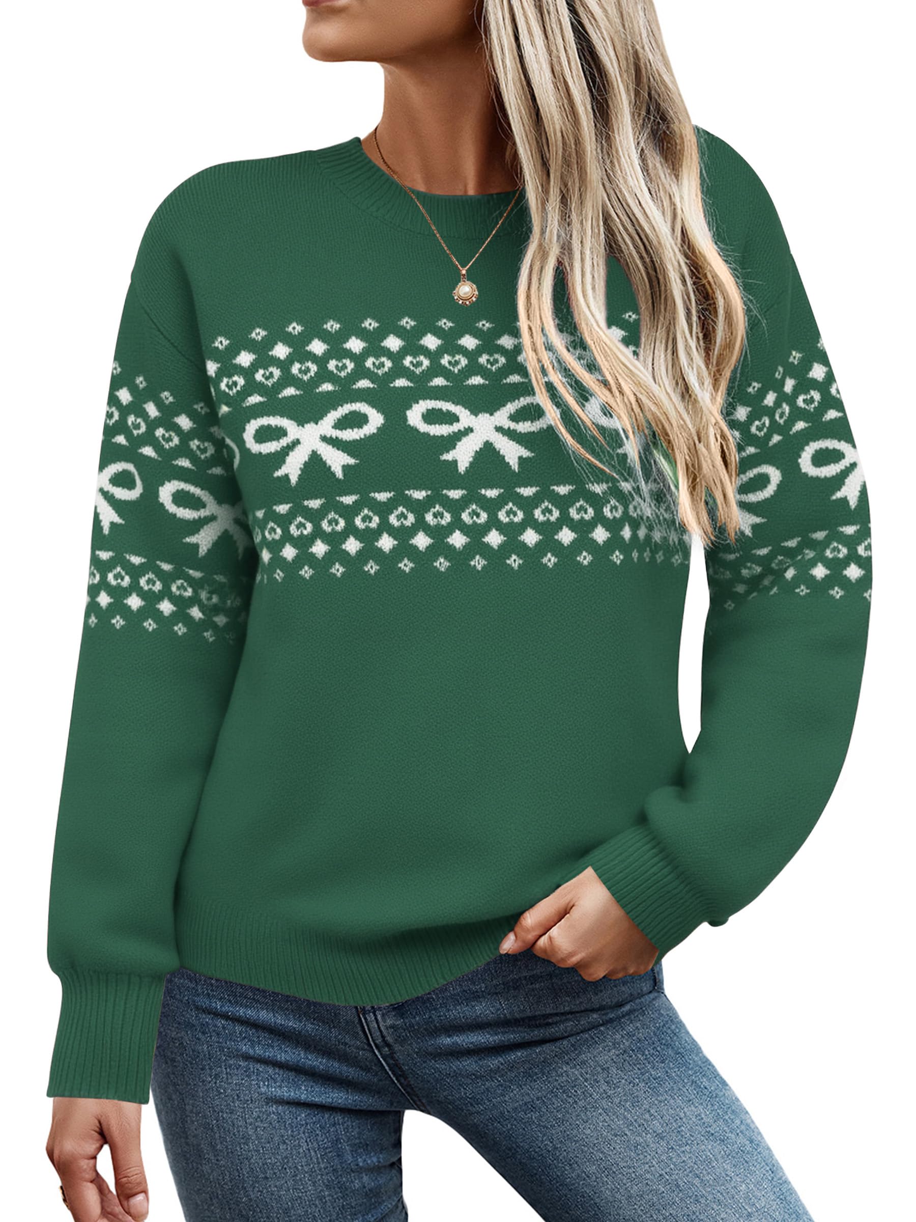 ECOWISH Bow Sweater Women Christmas Casual Long Sleeve Knit Tops Crew Neck Jumper Pullover Oversized Outfit Fall Winter