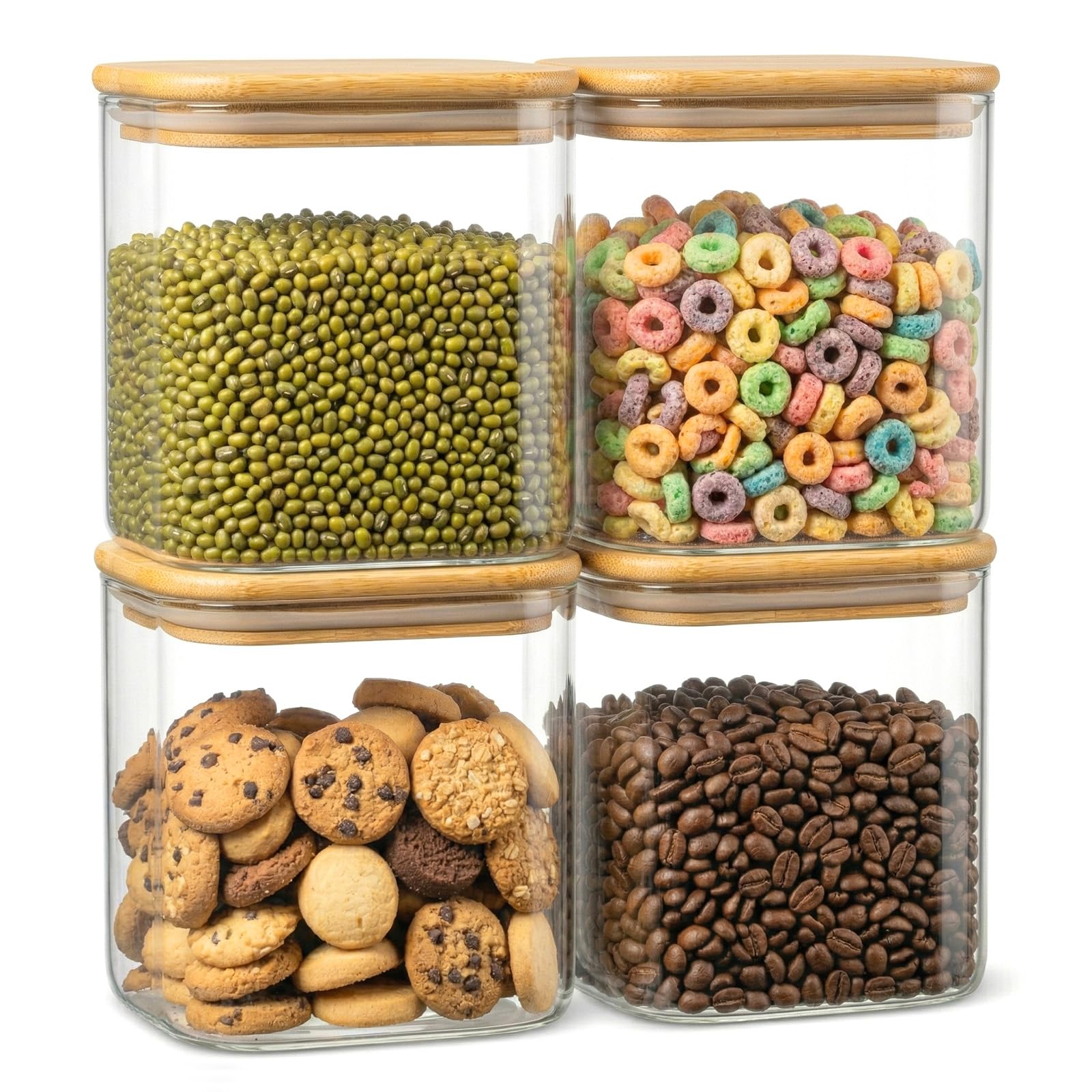 Sunnynest Clear 1 Psc Glass Storage Jars With Bamboo Lids Set Of 4, 900Ml Airtight Square Kitchen Canisters, Clear Pantry Containers For Flour, Rice, Pasta, Cereal, Coffee & Sugar