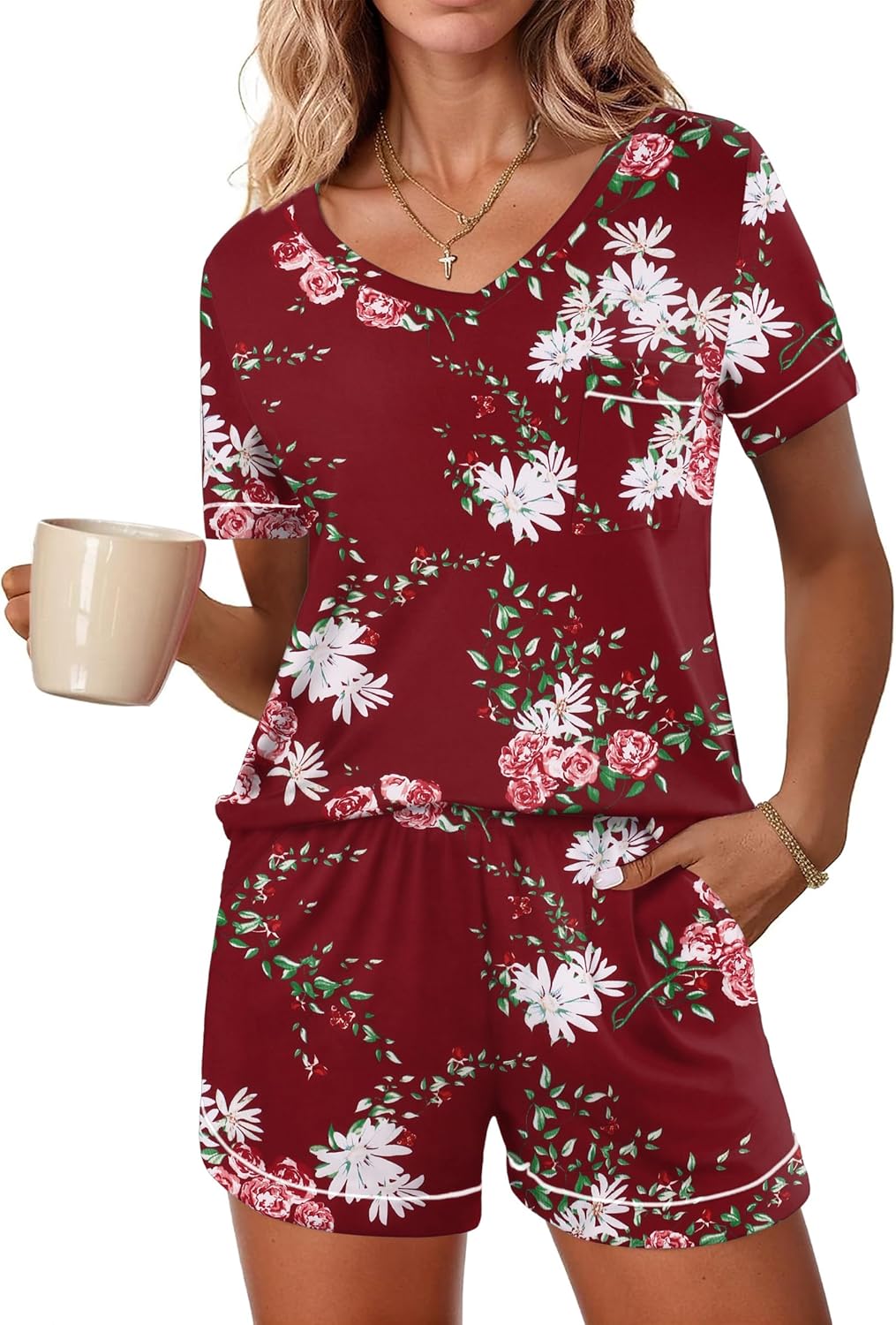 Ekouaer Pajamas Set for Women 2 Piece Short Sleeve Sleepwear Soft V Neck Tops and Shorts Pjs Lounge Set with Pocket S-XXL