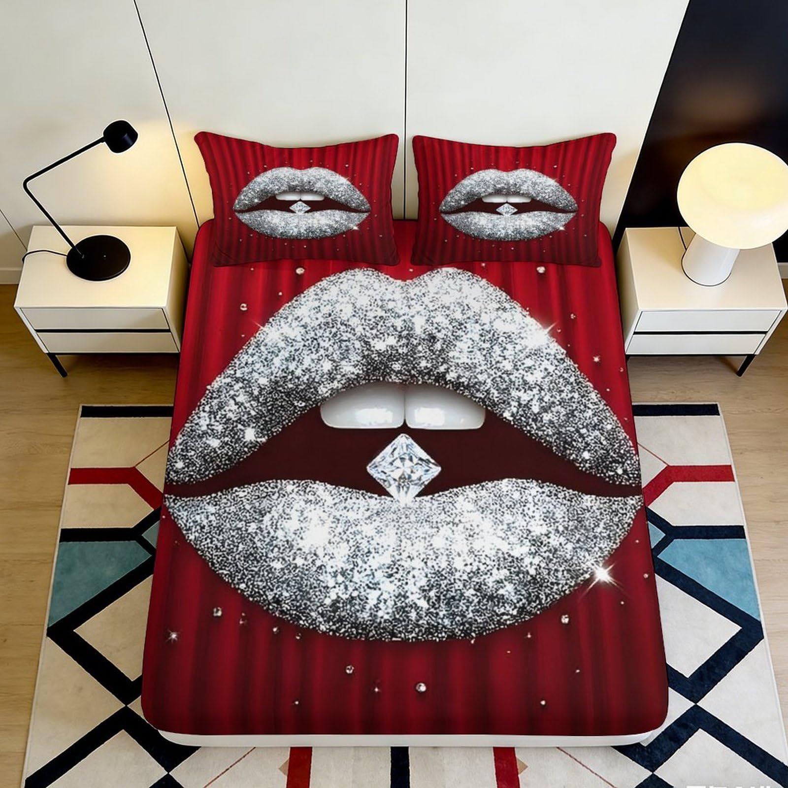 3D Printed Glitter Lips Fitted Sheet Microfiber Red Artistic Bed Cover Anti-Slip Machine Washable Bedroom Decor 90x200x25cm