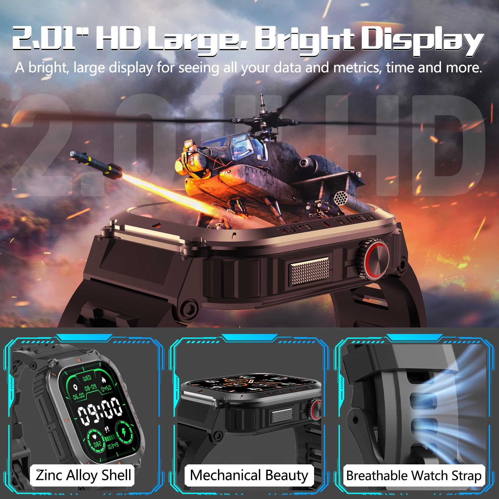 Militär-Smartwatch mit GPS (Annehmen/Tätigen von Anrufen), wasserdichte Fitness-Tracker-Smartwatches mit Gesundheitsmonitor, Kompass/Höhe/Luftdruck, über 100 Sportmodi, für Android/iPhone (mit GPS,