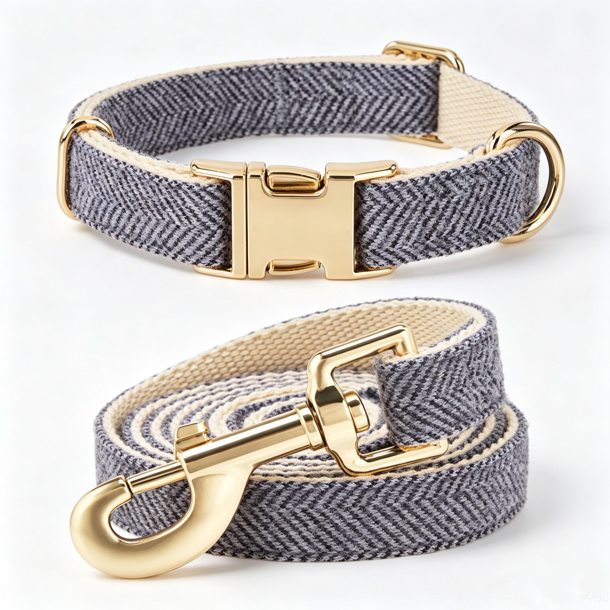 YUDOTE Slate Grey Herringbone Dog Collar & Lead Set Gold Hardware M