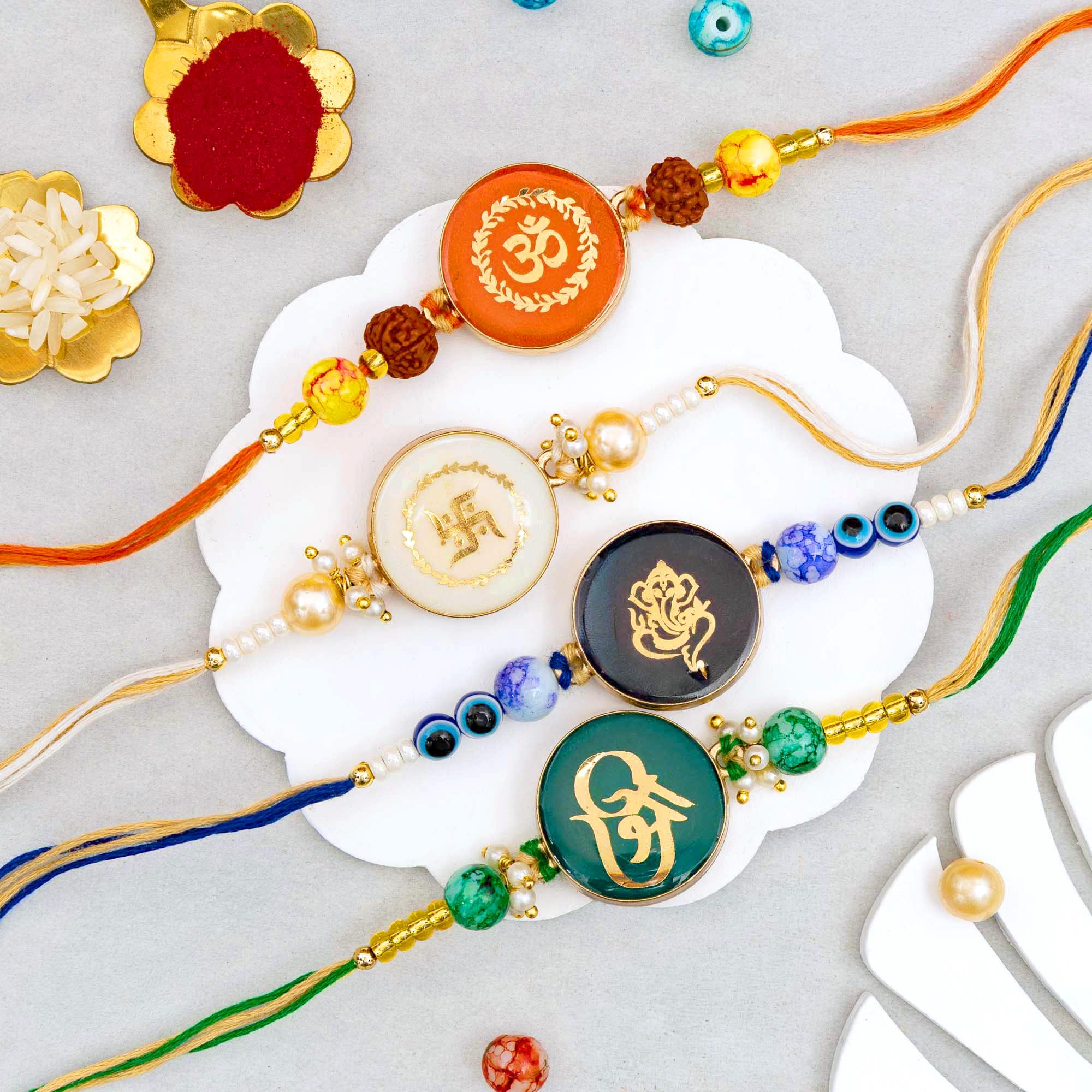 To The Nines Mens Elegant Golden Rakhi/Band For Beloved Brother (Rakhi/Band Combo Of 4) With Tilak Material 1