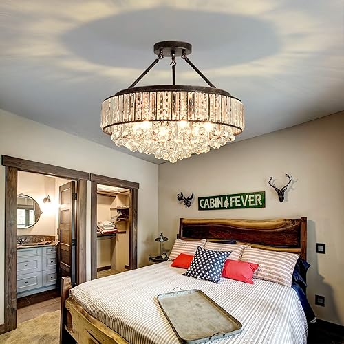 Miniatura 7 de YYJLX Lámpara de techo semiempotrada de metal de bronce aceitado de cristal de 6 luces, lámpara de techo redonda para interiores, comedor, sala,