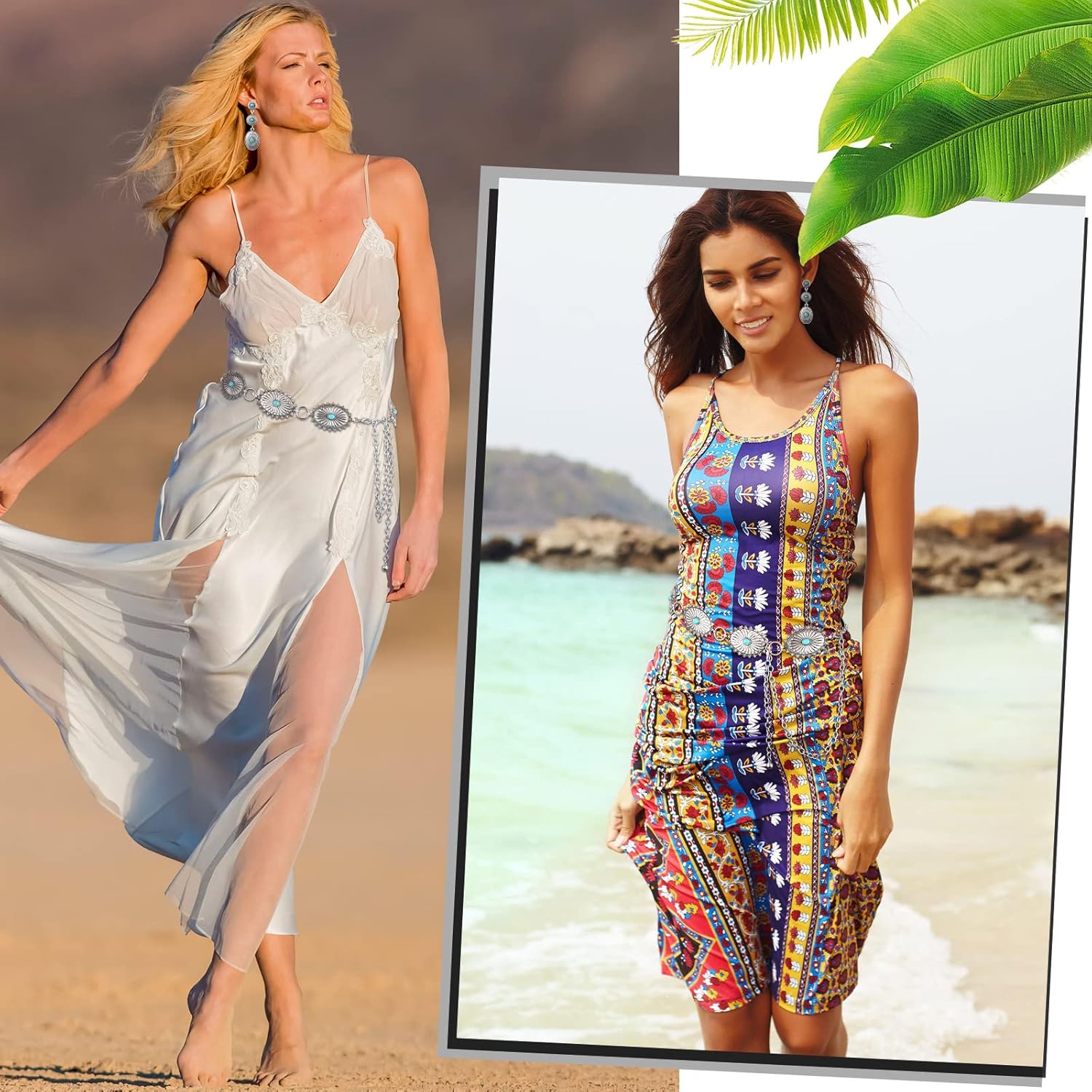 3 Pieces Western Jewelry for Women Western Turquoise Concho Chain Belts Boho Waist Belt Silver Metal Belt for Dress and Vintage Turquoise Dangle Earrings Drop Statement Post Earrings - Image 5