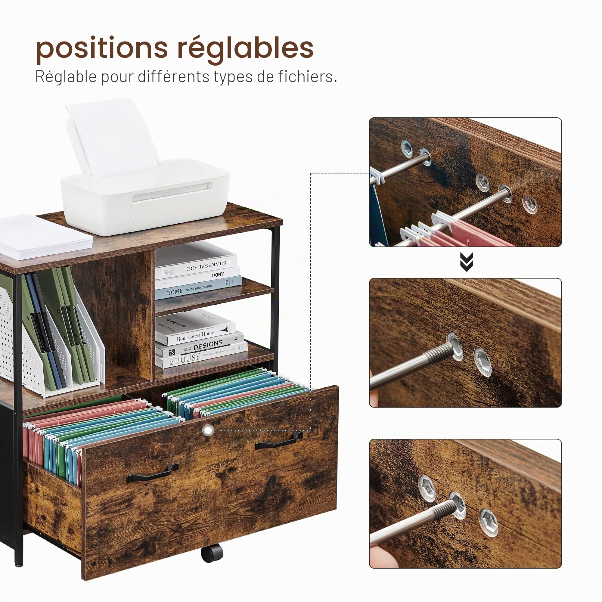 VASAGLE Caisson avec Tiroir, Meuble de Rangement Bureau, pour Format A4, Dossier Suspendu, Support pour Imprimante, Style Industriel, Marron Rustique et Noir OFC043B01