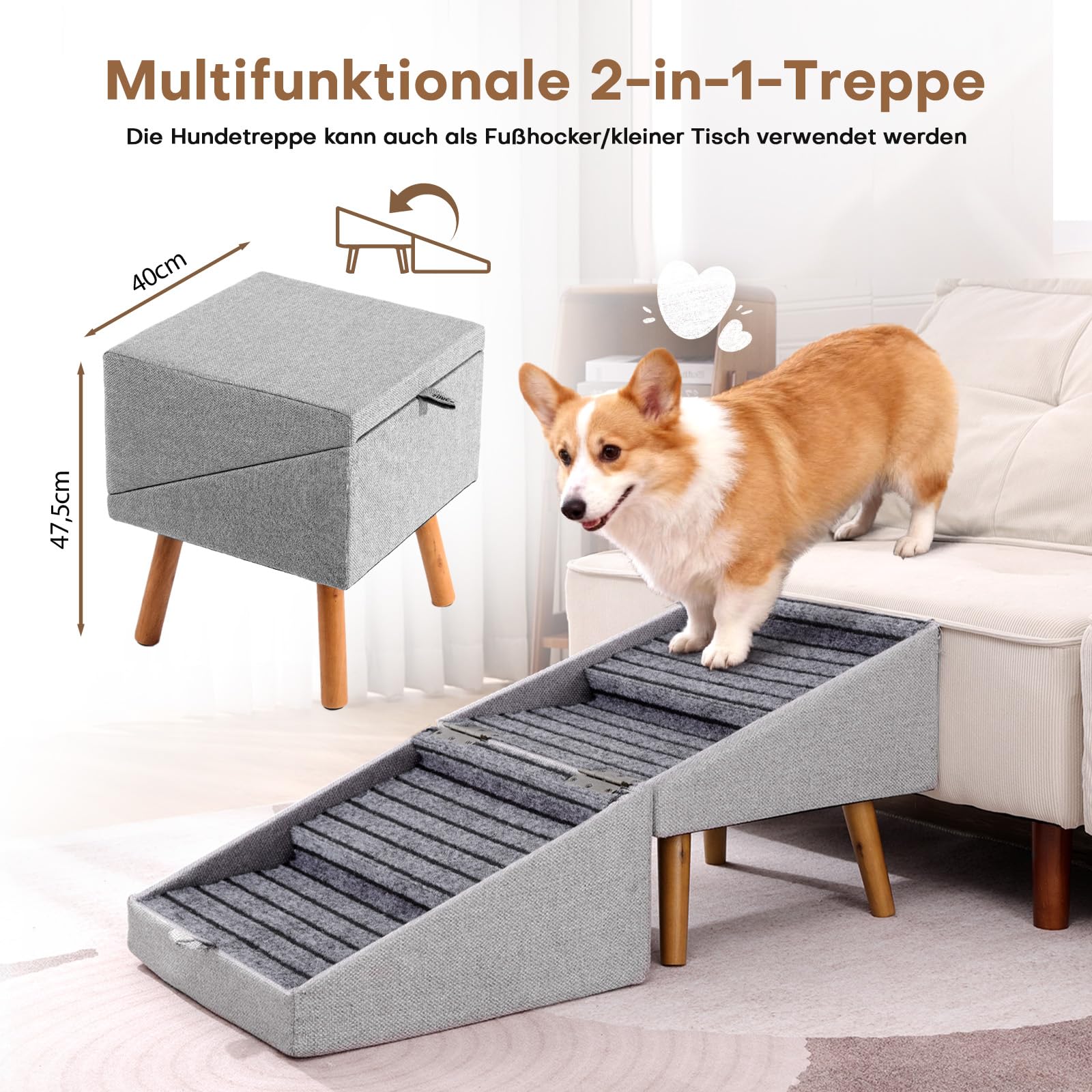 Hunde Treppe für kleine Hunde und Katzen für Couch und Bett, Klappbare 2-in-1 Holz Haustier Schritte für Welpen, Split Ottoman Design (Hellgrau-43,5 cm hoch)