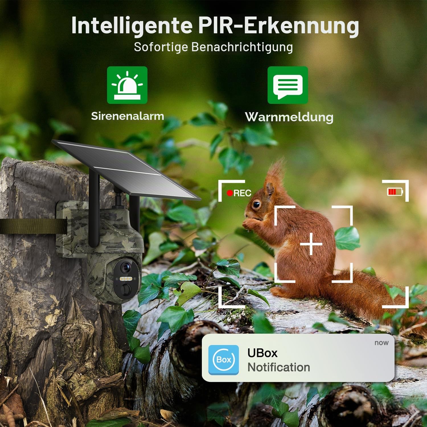 Lemnoi 4G LTE Solar Wildkamera mit Bewegungsmelder, Akku Wildkamera mit SIM Karte Preinstalliert und SD Karte, 2K Überwachungskamera Aussen mit Farbnachtsicht, PIR Erkennung,Wasserdicht (Tarnung)