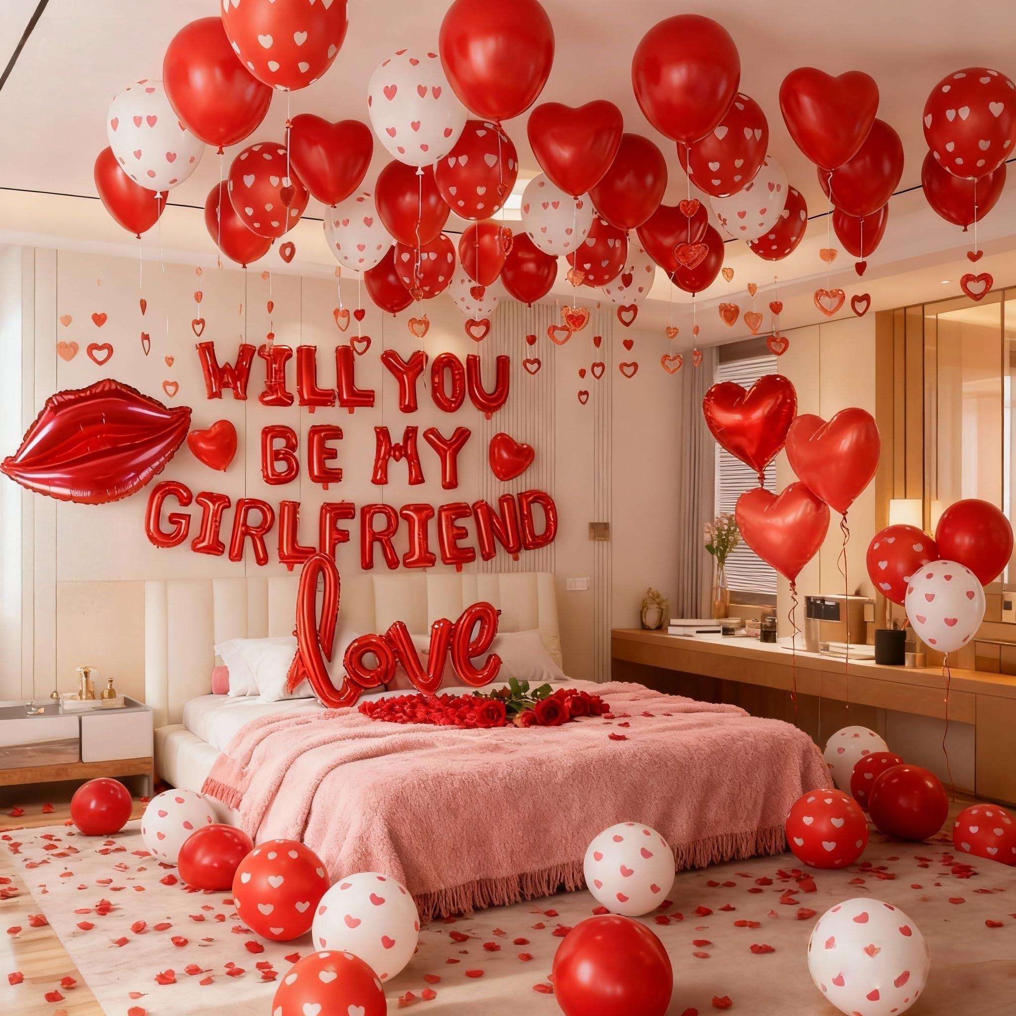 'Will You Be My Girlfriend' balon znak, 'Be My Girlfriend' propozycja, czerwony płatek róży, czerwone balony w kształcie serca, dekoracje walentynkowe