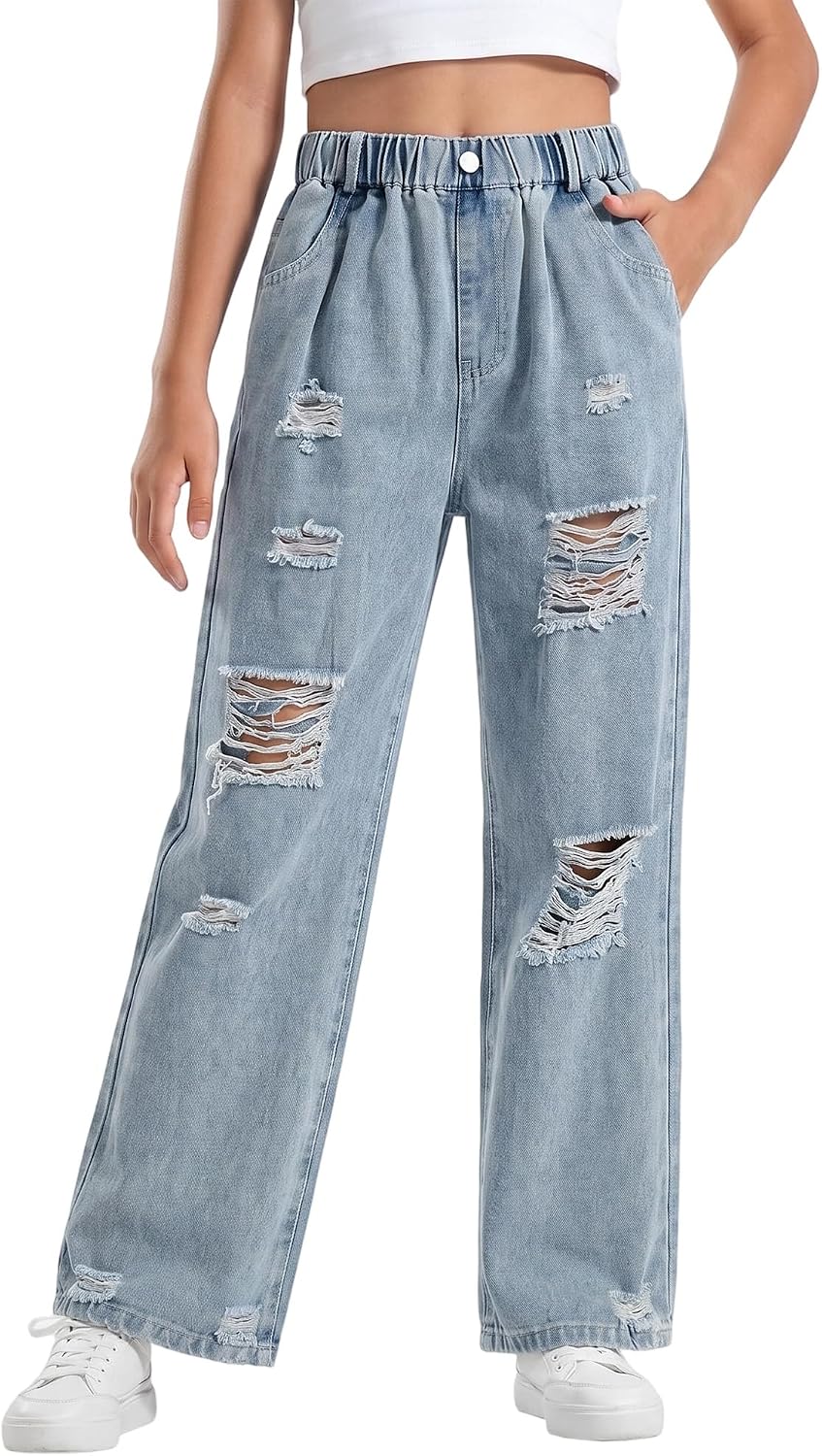 Baggy Jeans for Girls Cute Wide Leg Ripped Elastic Waisted Denim Pants Playwear Outdoor Trousers Y2K Streetwear