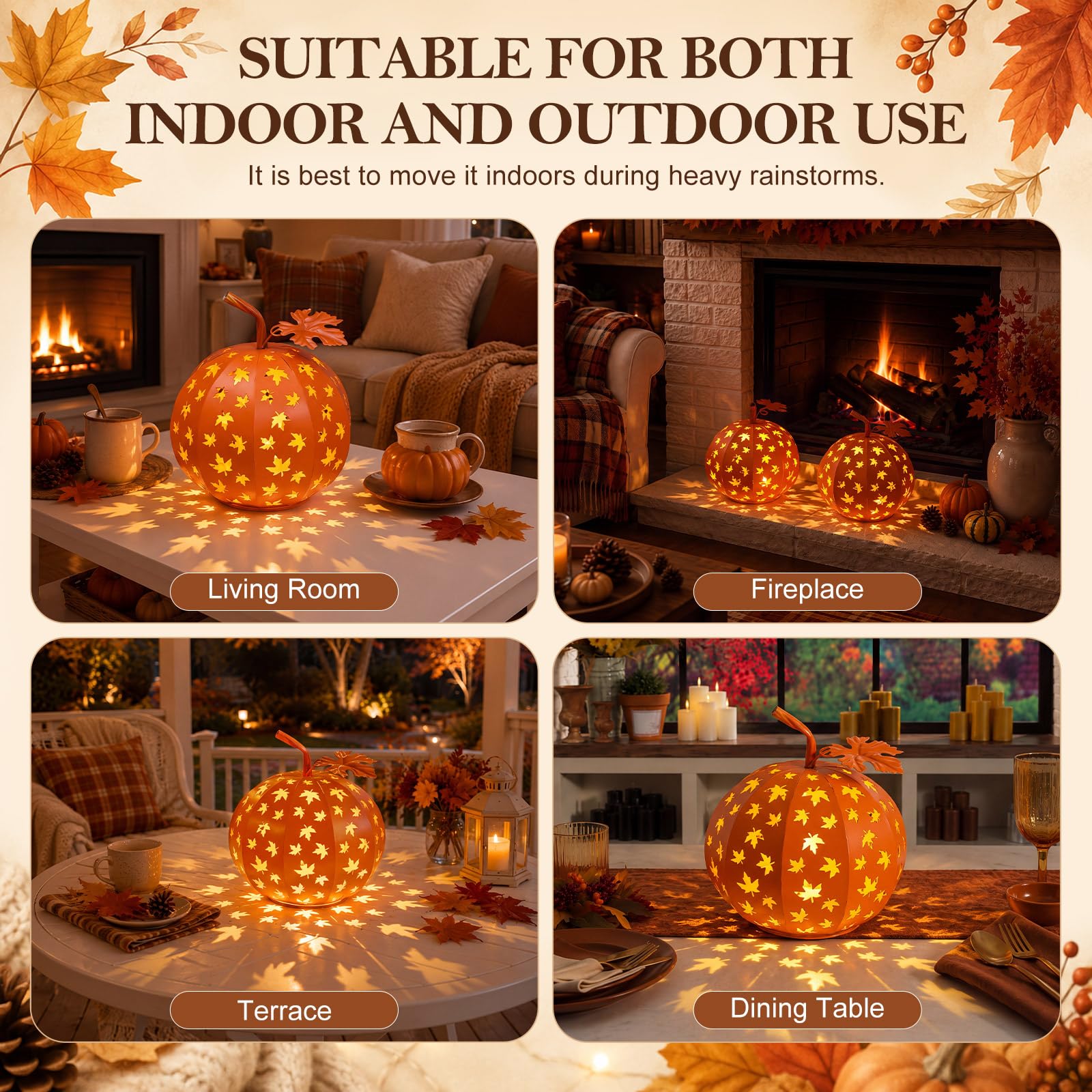Fumete Lanterna in metallo a forma di zucca di Halloween con luce a LED, scatola batteria impermeabile con foglie d'acero cave, centrotavola autunnale per interni ed esterni, decorazione da giardino e