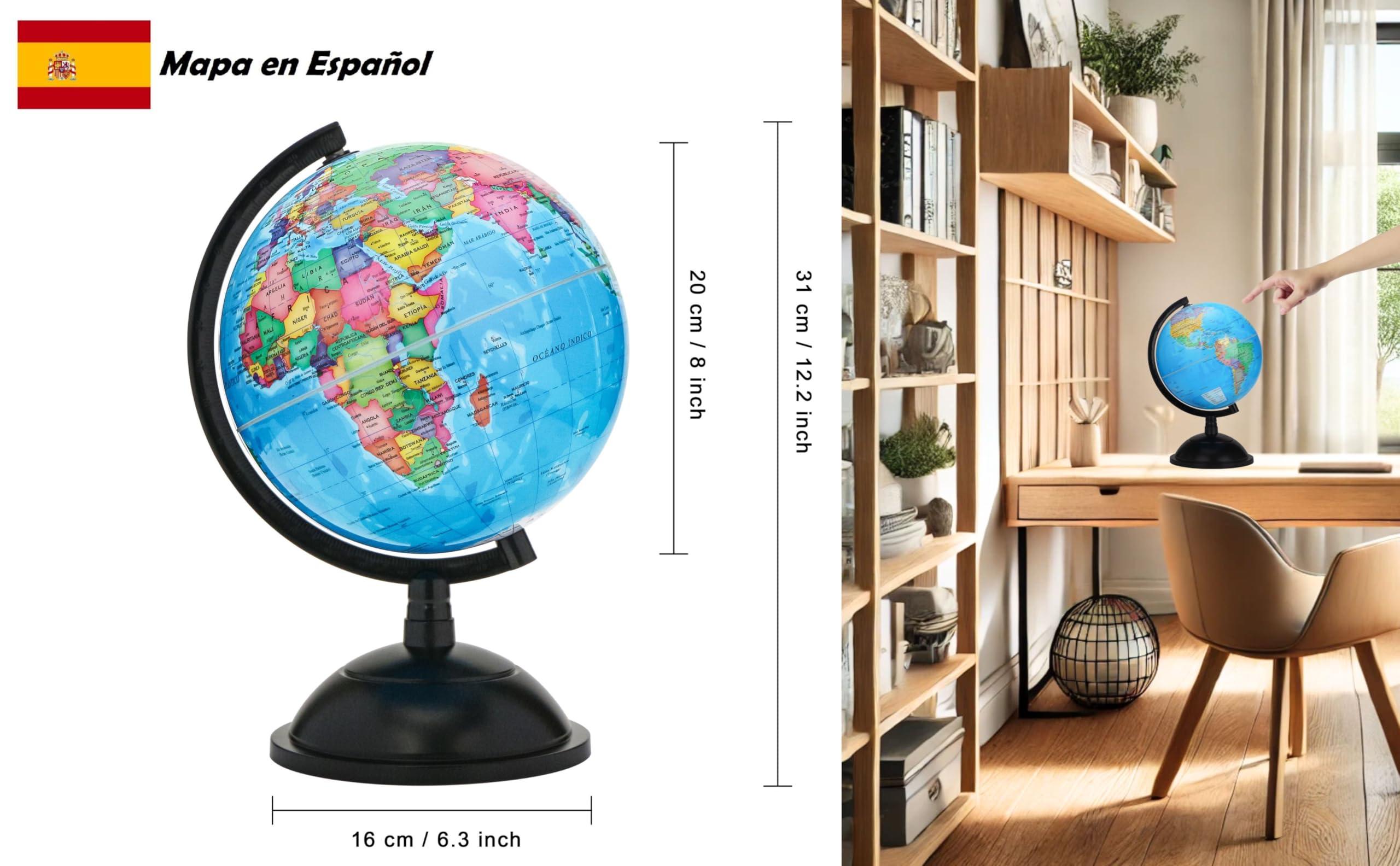 Exerz Globo Terráqueo 20 cm Mapa Español Base Negra Para Escritorio | Diseño giratorio con arco graduado lectura clara para escuela oficina habitación estudio y regalo educativo