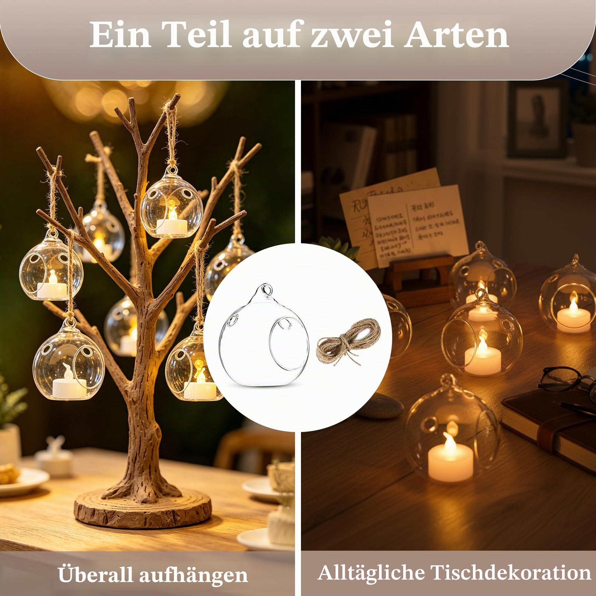 Sziqiqi Glaskugeln zum Aufhängen Teelichthalter Kerzenhalter: 8cm Hängende Teelichthalter Glas 24er Set mit Löchern für Teelichter - Windlicht Glas Vielseitig für Outdoor Hochzeit Party Weihnachten