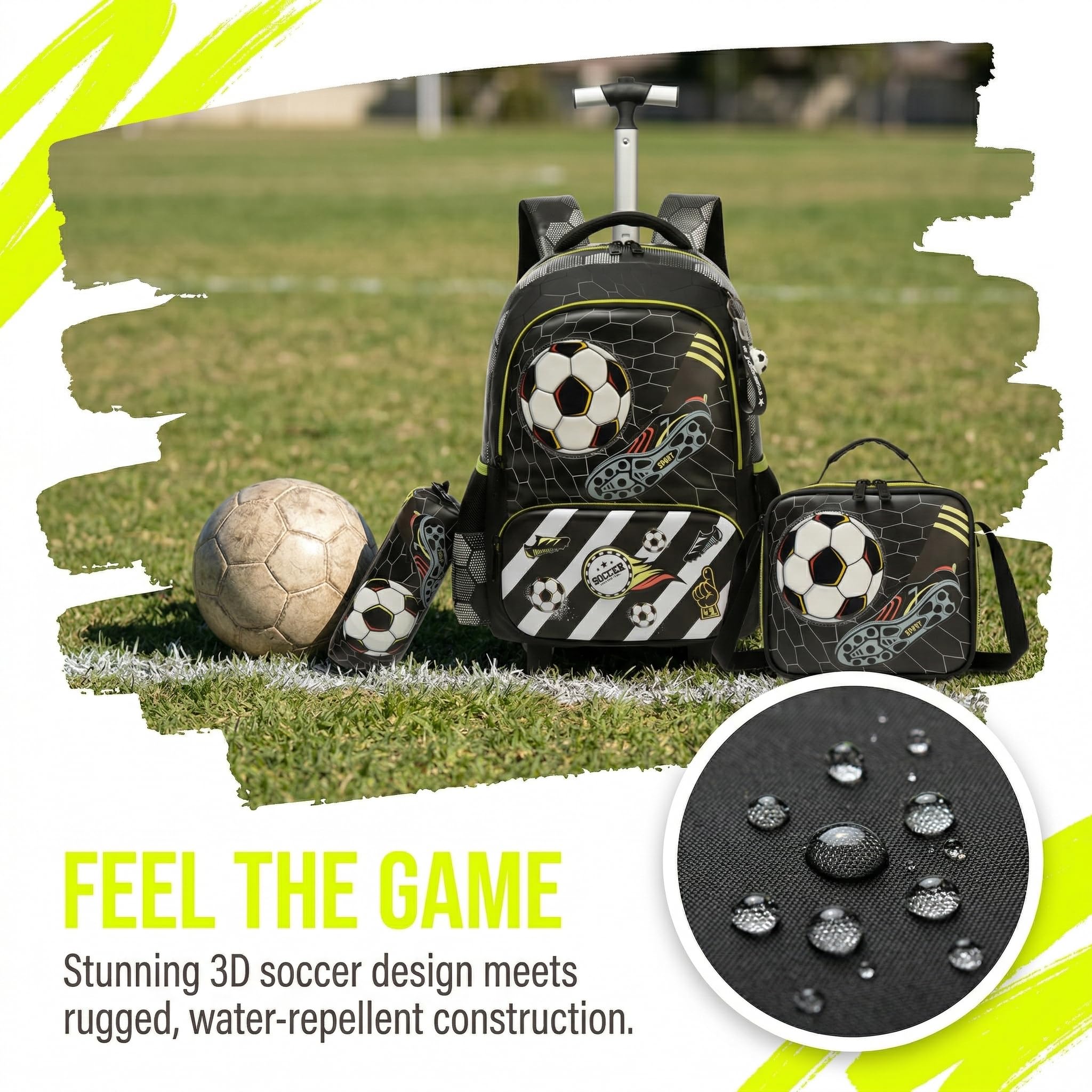 Kinder Rucksack mit Rollen für Jungen die Schule Fußball Koffer Schultrolley Komplett mit Lunchbag Federmäppchen Sätze Geeignet Grundschüler Jugendliche 4-10 Jahre Alt Schwarz