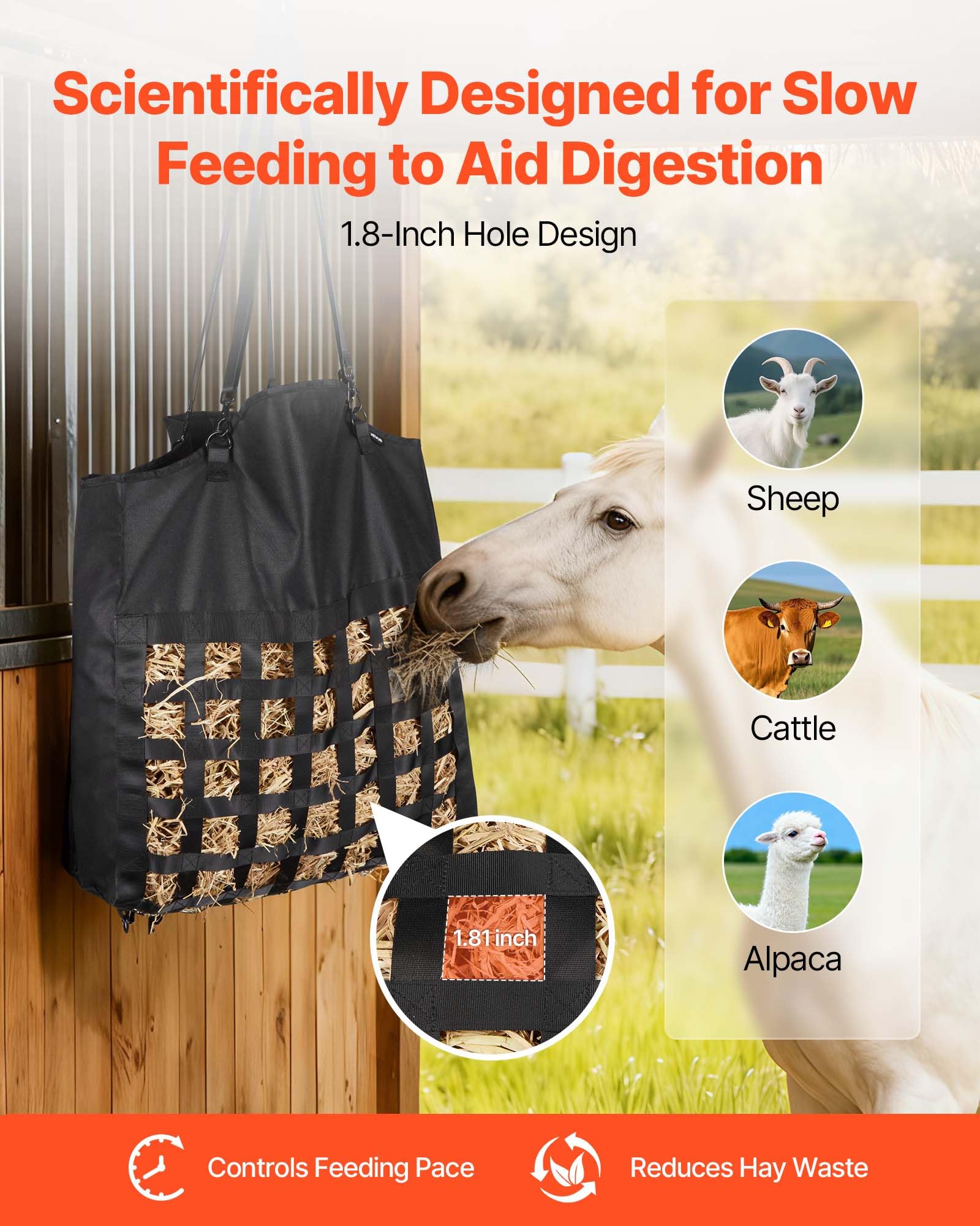 VEVOR Bolsa de Heno para Caballos, 55 x 18,5 x 64 cm, Agujeros 46 x 46 mm, Fabricada en Nailon, con Revestimiento Impermeable de PVC, Correas de Suspensión Ajustables y Ganchos Metálicos, Negro