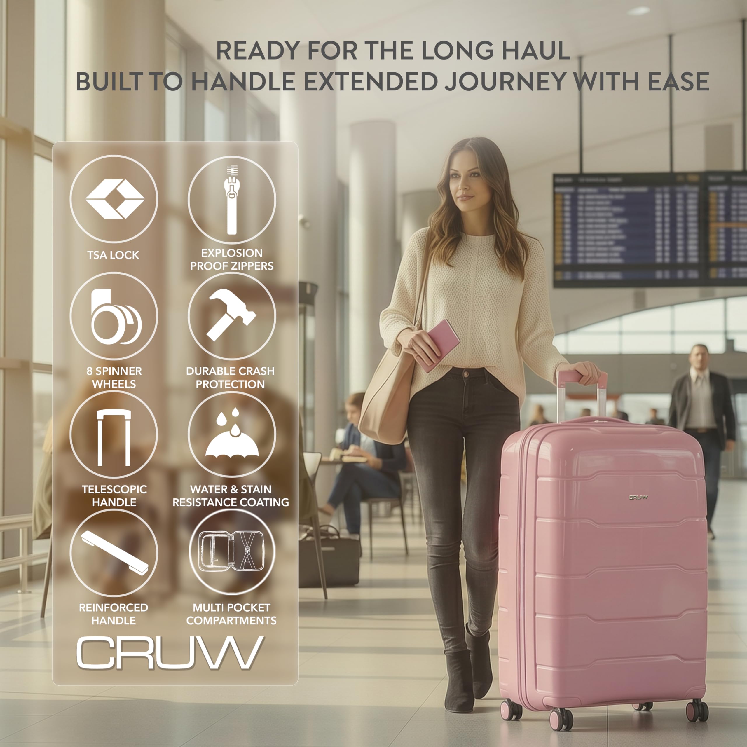 CRUW Extra Large 32" Checked Luggage 85x57x37cm + Expandable Hold Baggage (165/176 Liters) Polypropylene Suitcase TSA Approved Lock 8 Silent Spinner Wheels Lightweight Suitcases Airline Travel