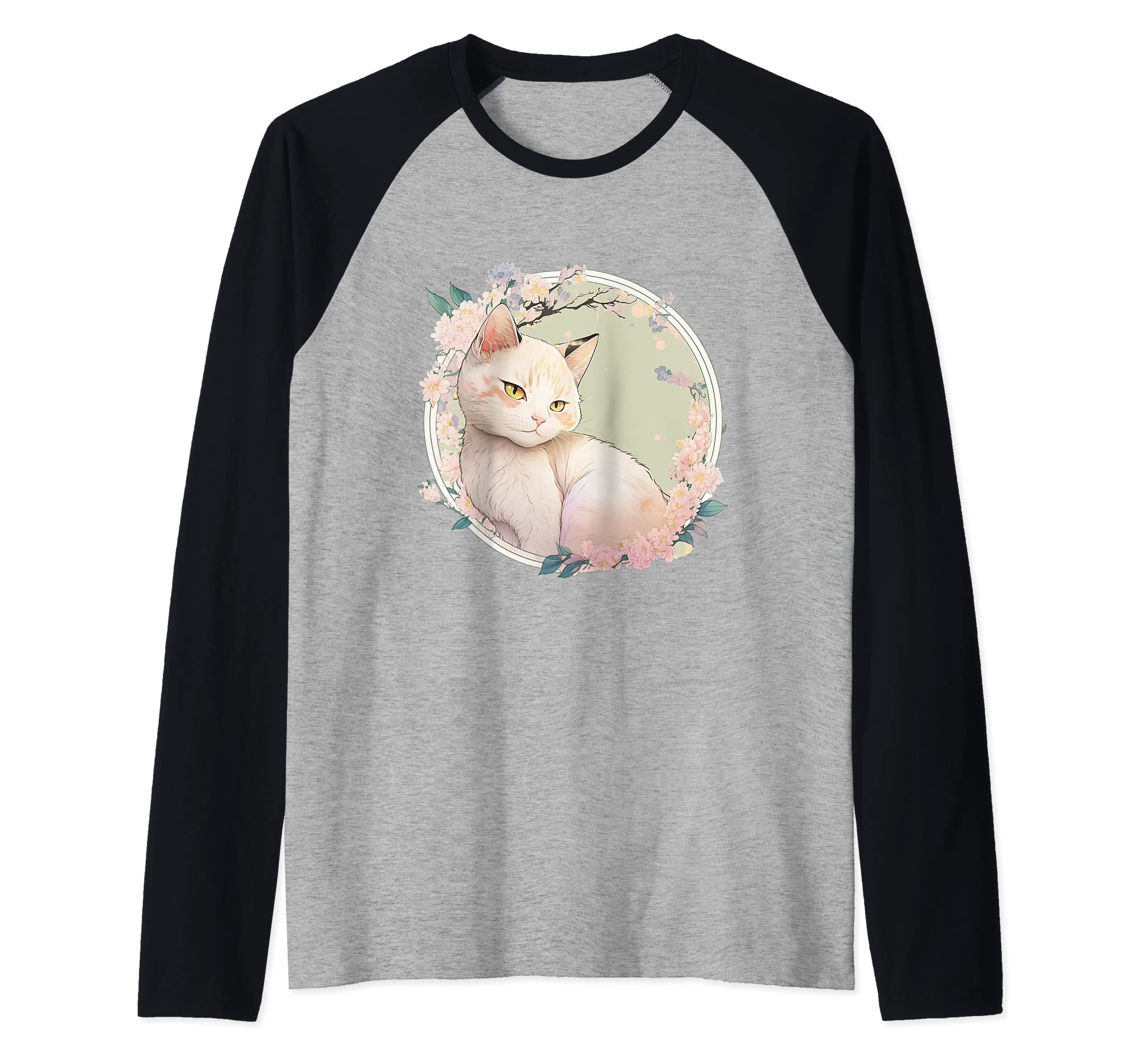 Cute Holy Brima Cat with Japanese Art Raglan Baseball Tee