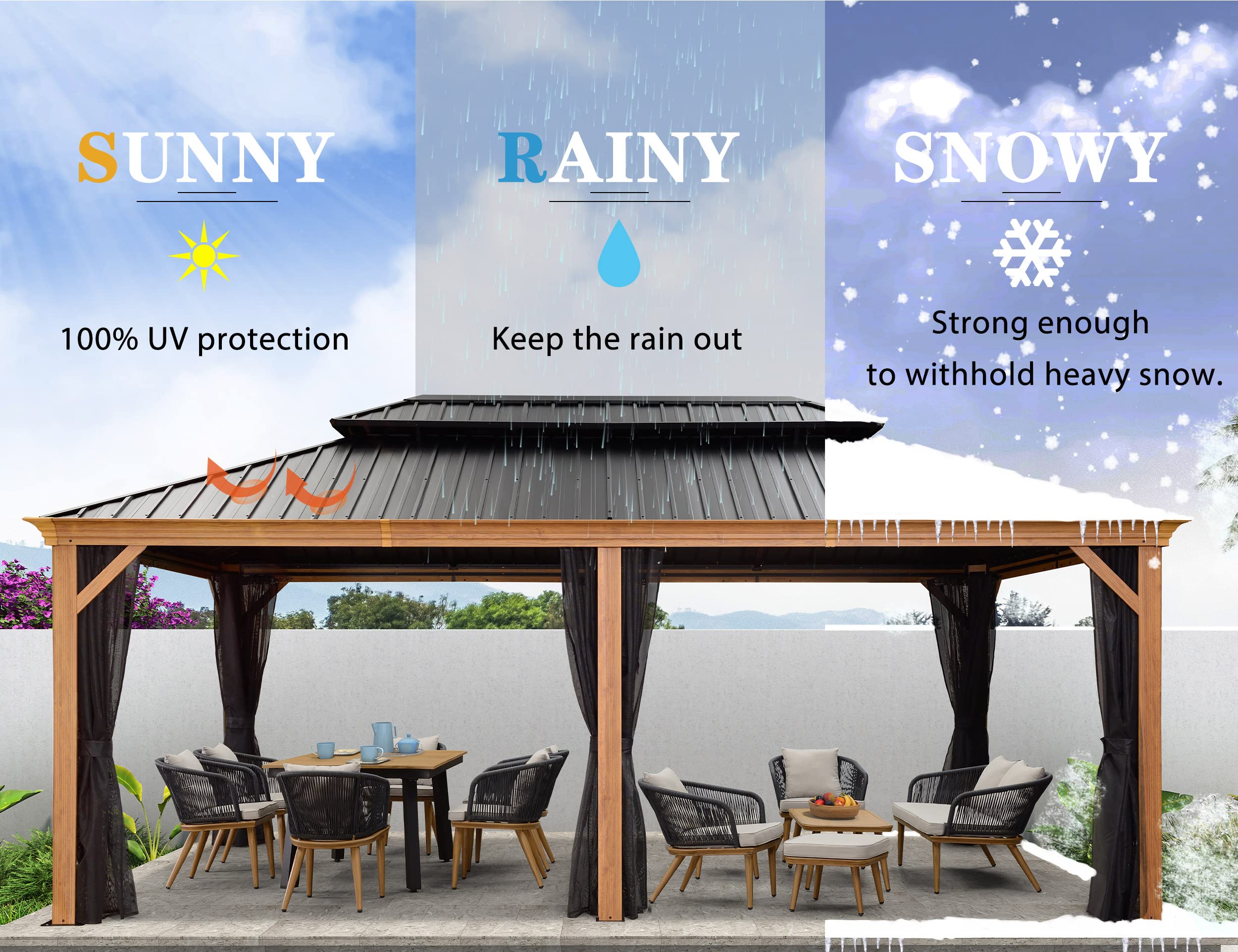 (INCOMPLETE) PURPLE LEAF 12' X 20' Outdoor Hardtop Gazebo for Patio Galvanized Steel Double Roof Permanent Canopy Teak Finish Coated Aluminum Frame Pavilion Gazebo with Netting (Only one box) INCOMPLETE