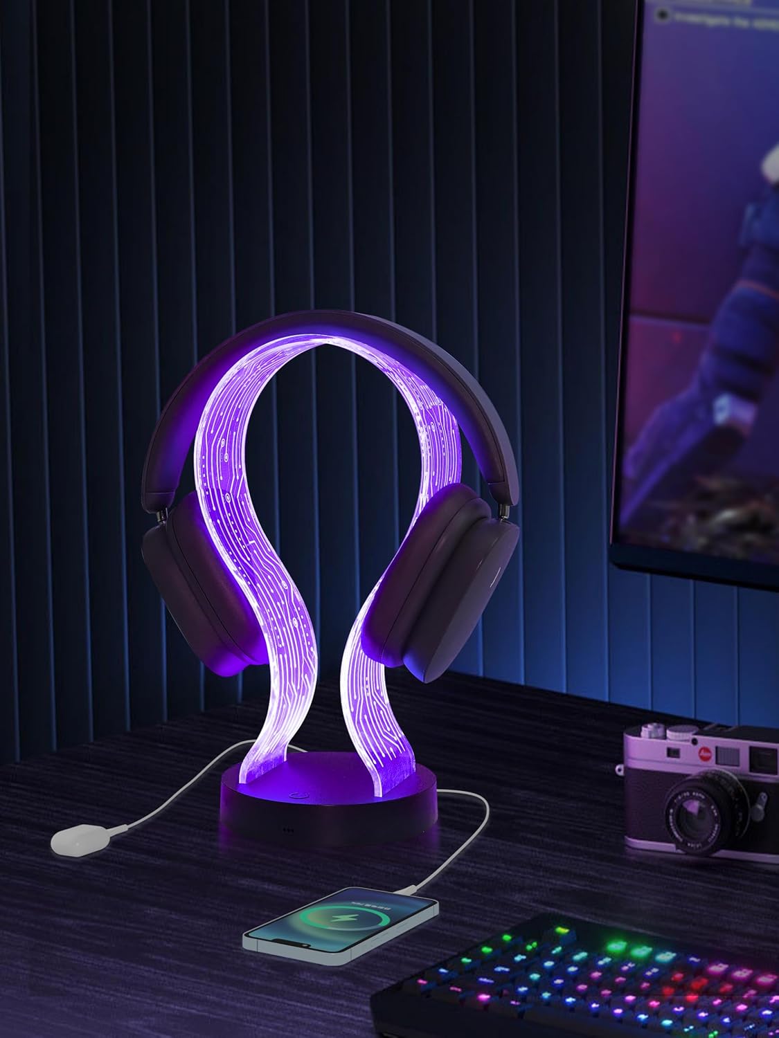 YuanDian RGB Headphone Stand with 1 USB Charging Port and 1 Type-C Charging Ports, Desk Gaming Headset Holder with 16 Changing Colors by Remote, Gift for Gamers Men and Music Lovers