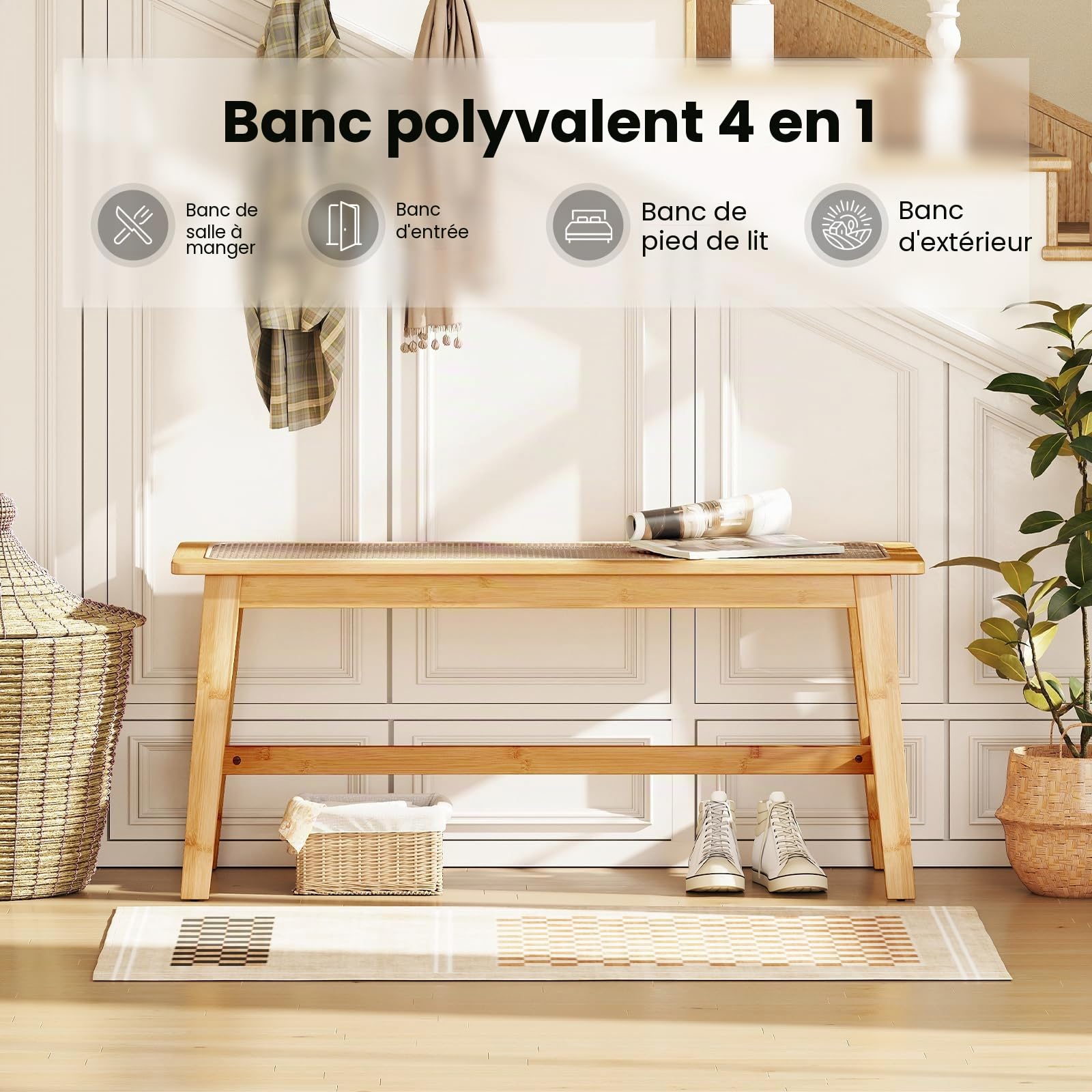 GIANTEX Banc Salle a Manger pour 2 Personnes, Banc Bois en Bambou avec Siège en Rotin PVC Respirant, Patins Antidérapants, Banquette pour Chambre, Salon, Jardin, Charge 300 kg, Naturel