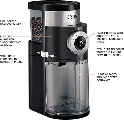 Vista 2 de KRUPS Molinillo de café Precision Burr: 12 ajustes, capacidad de 8 onzas para goteo, prensa francesa, expreso, vertido, preparación fría, acero
