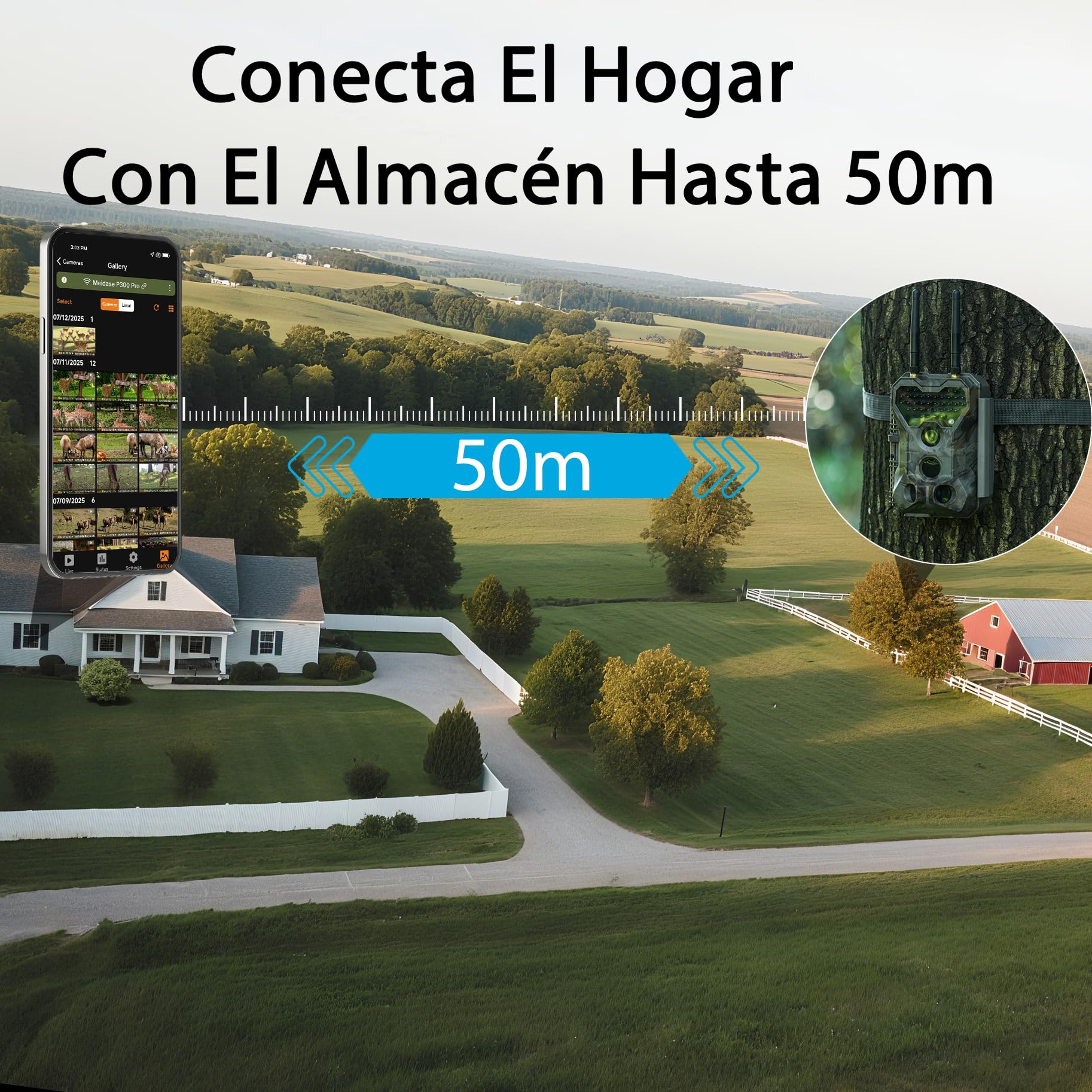 Meidase P300 Cámara de Caza, WiFi Bluetooth 50m Alcance de Conexión, Doble Antena, 64mp 1296p, Visión Nocturna, Activación Movimiento, Ip66 Impermeable, Transferencia App, Monitoreo Exterior