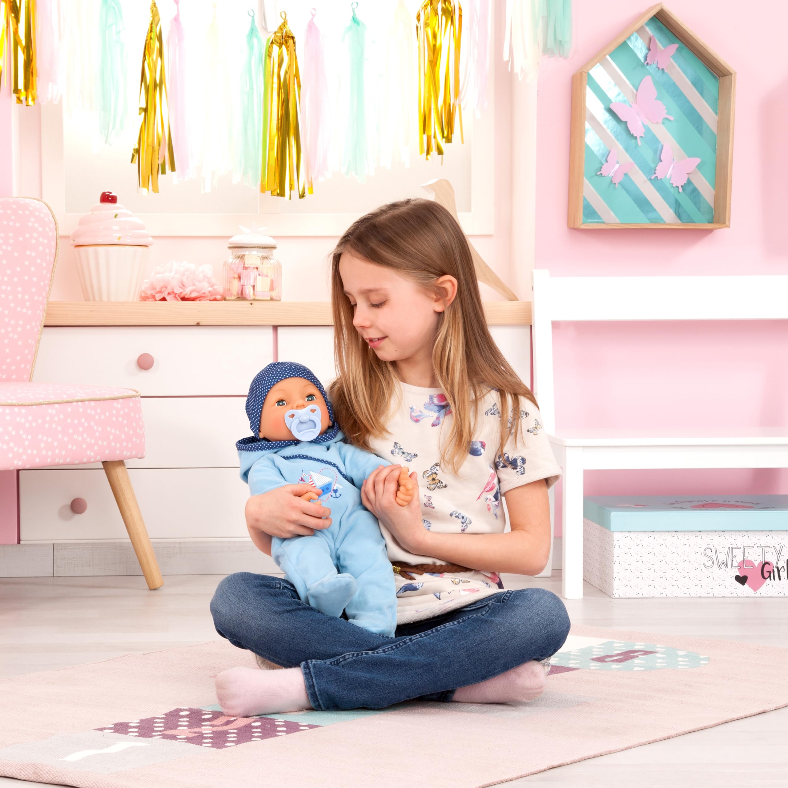 Lalka dziecięca chłopiec z funkcją Hello Baby 46 cm | z butelką dla dziecka i smoczkiem, porusza ustami, jasnoniebieski