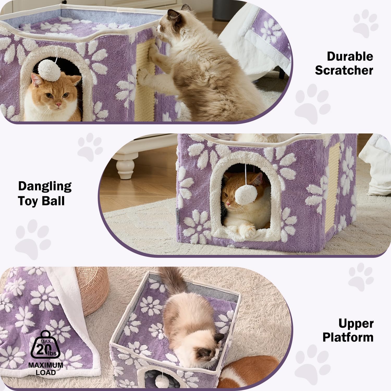 Cat Houses for Indoor Cats, Cute Cat Cave with Fluffy Ball Hanging and Scratch Pad, Foldable Kitten Condo Hideaway, 17x17x13 inches, Purple Flower
