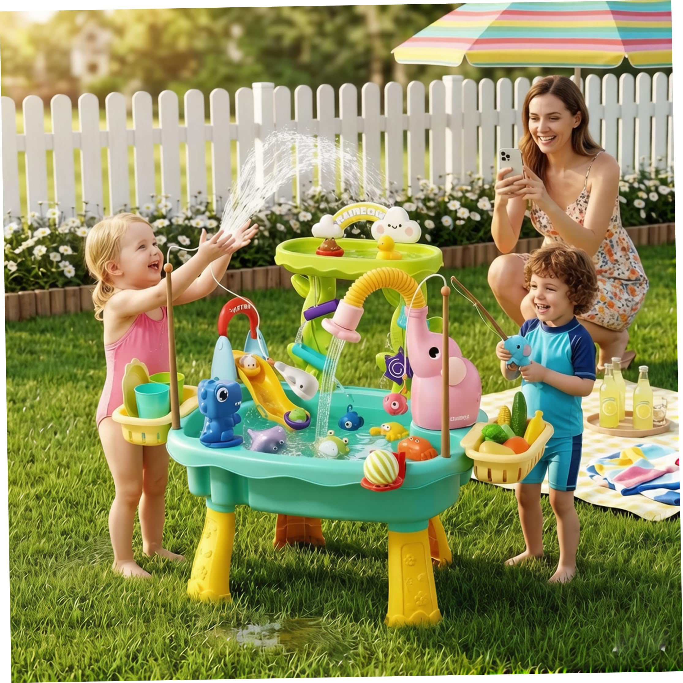 Lavandino da Gioco per Bambini 1-3 Tavolo con Acqua per Bambini 1-3 Lavandino da Gioco con Acqua Corrente Giocattolo Elettrico a ricircolo con spruzzo di attività di Pesca e Scivolo