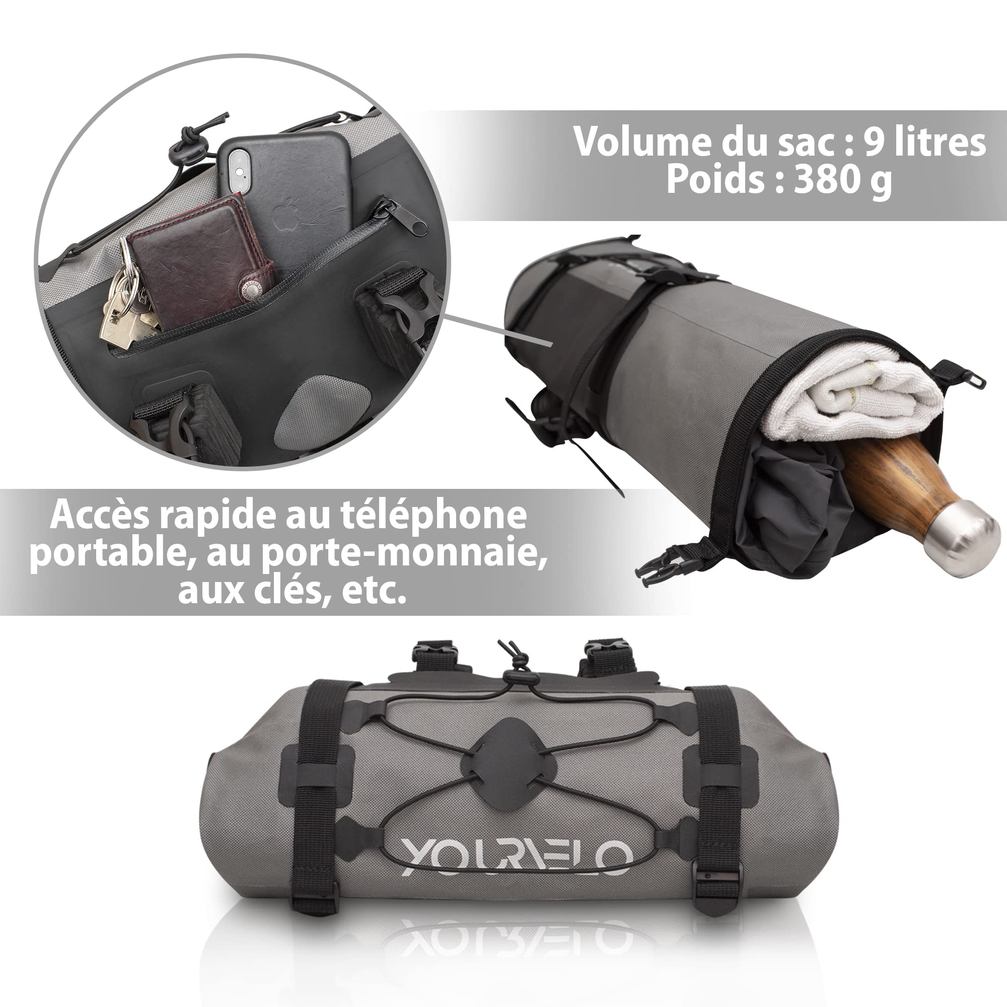 Sacoche de guidon de vélo - Volume 9 l - 100 % étanche - 340 g - Sacoche avant pour guidon de vélo